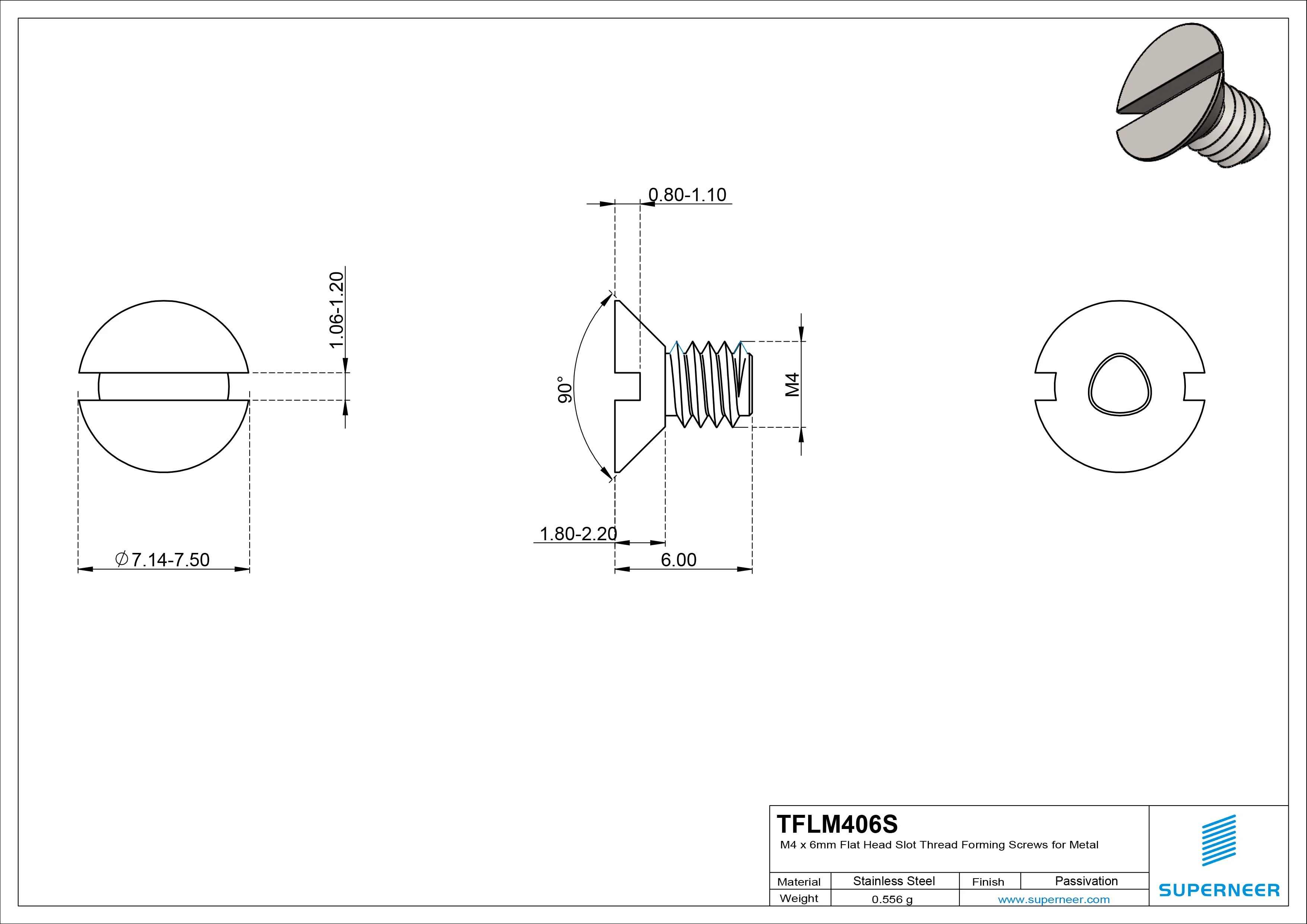 M4 × 6mm Flat Head Slot Thread Forming Screws for Metal SUS304 Stainless Steel Inox