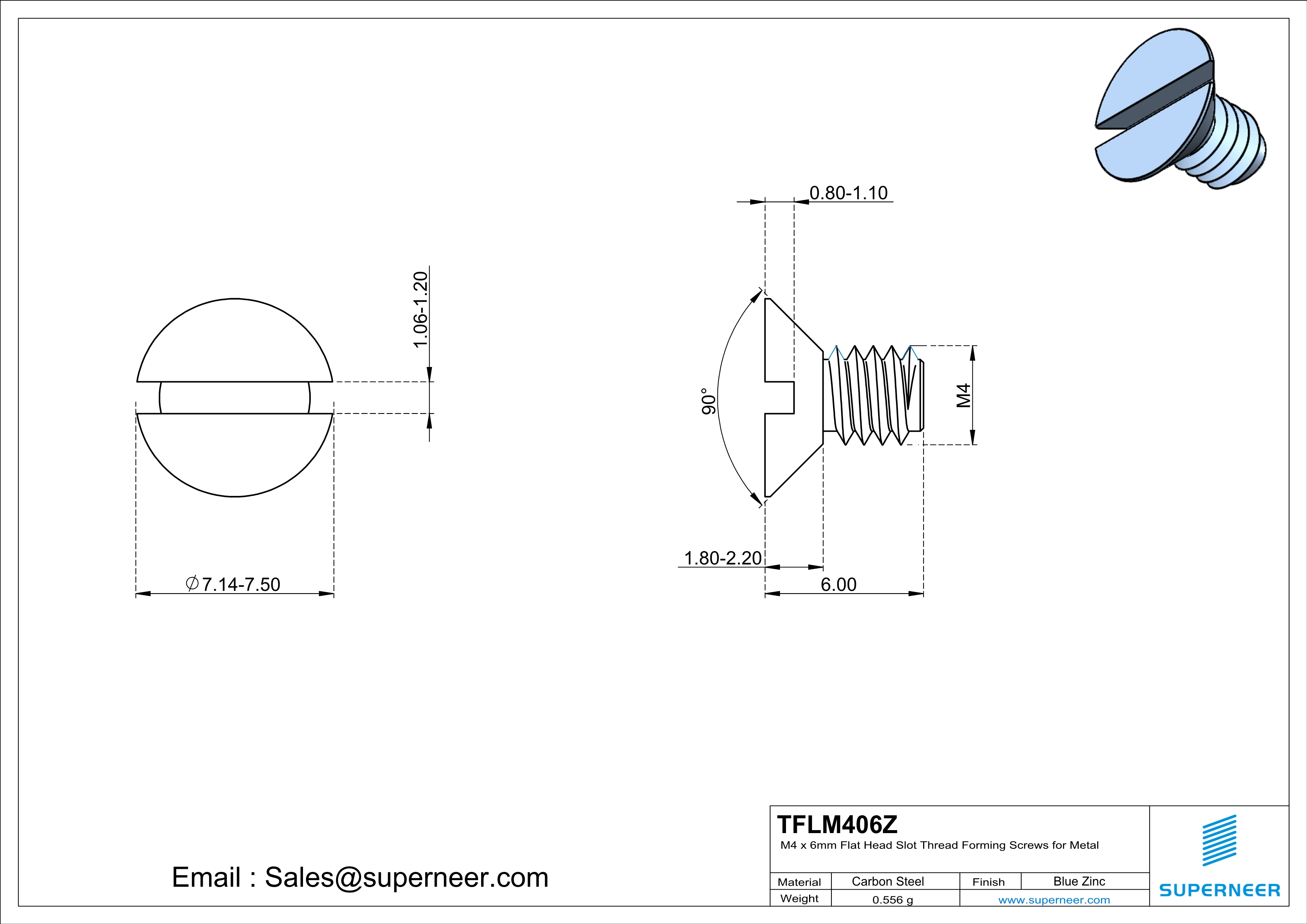 M4 × 6mm Flat Head Slot Thread Forming Screws for Metal Steel Blue Zinc Plated