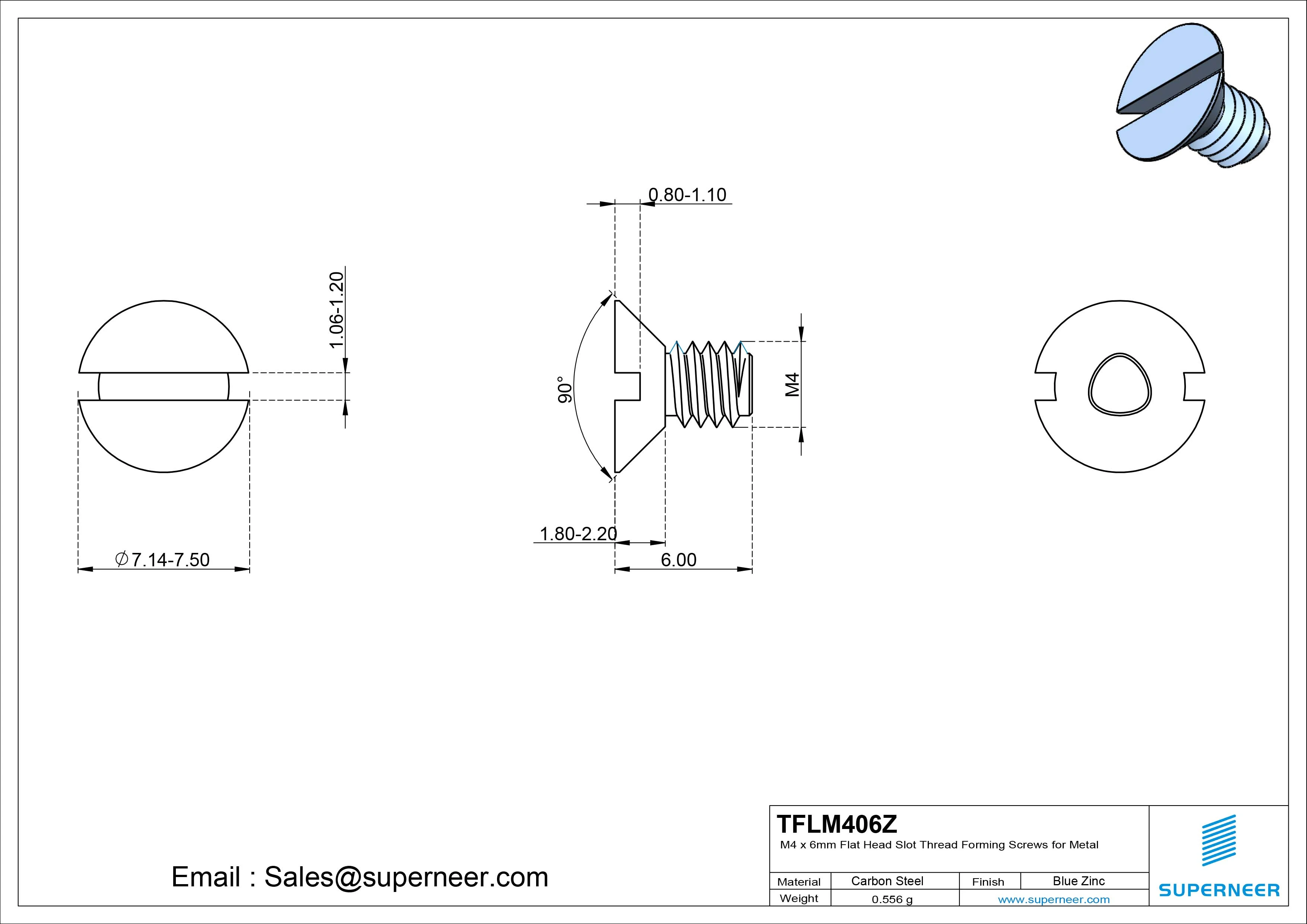 M4 × 6mm Flat Head Slot Thread Forming Screws for Metal Steel Blue Zinc Plated