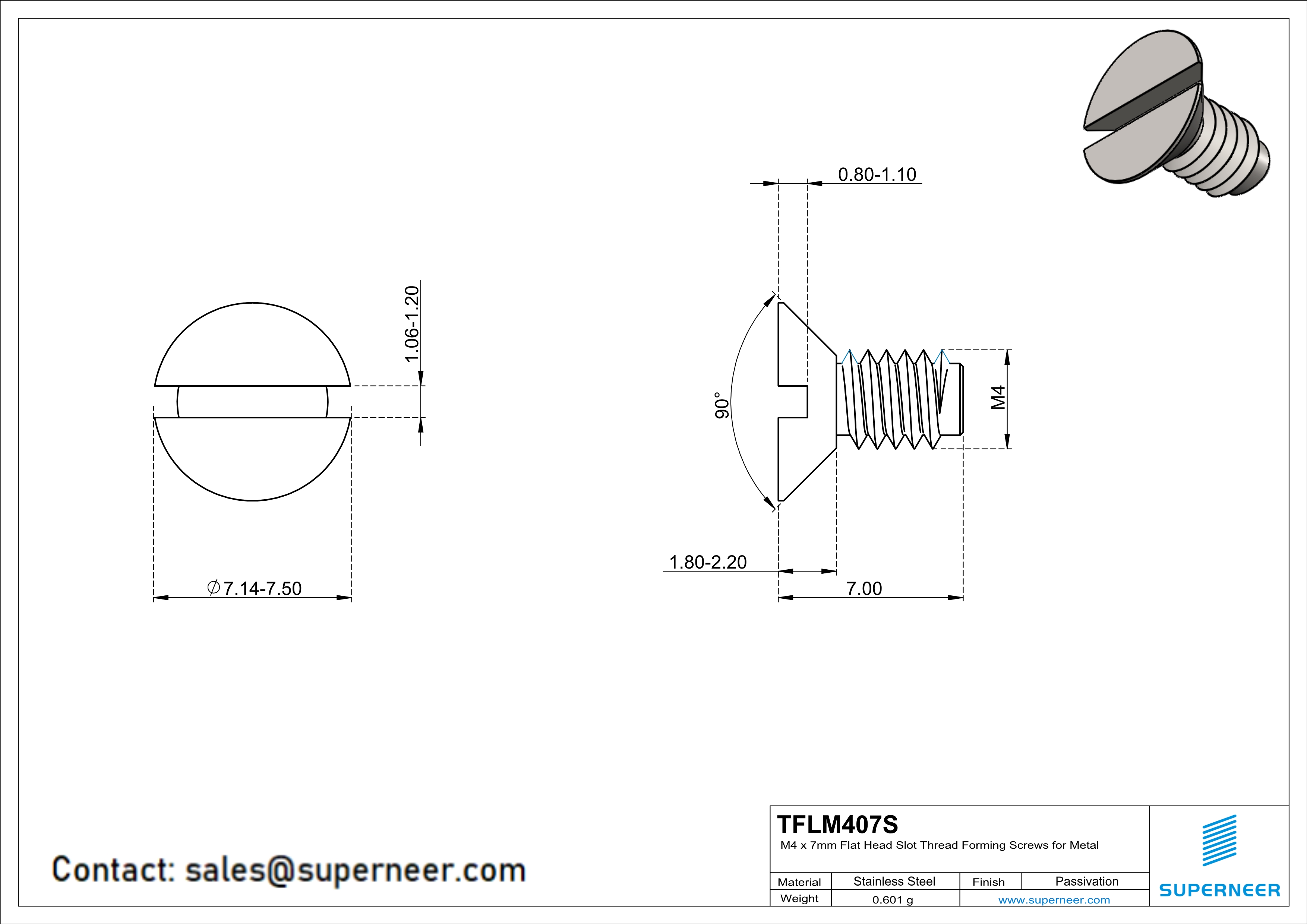 M4 × 7mm Flat Head Slot Thread Forming Screws for Metal SUS304 Stainless Steel Inox