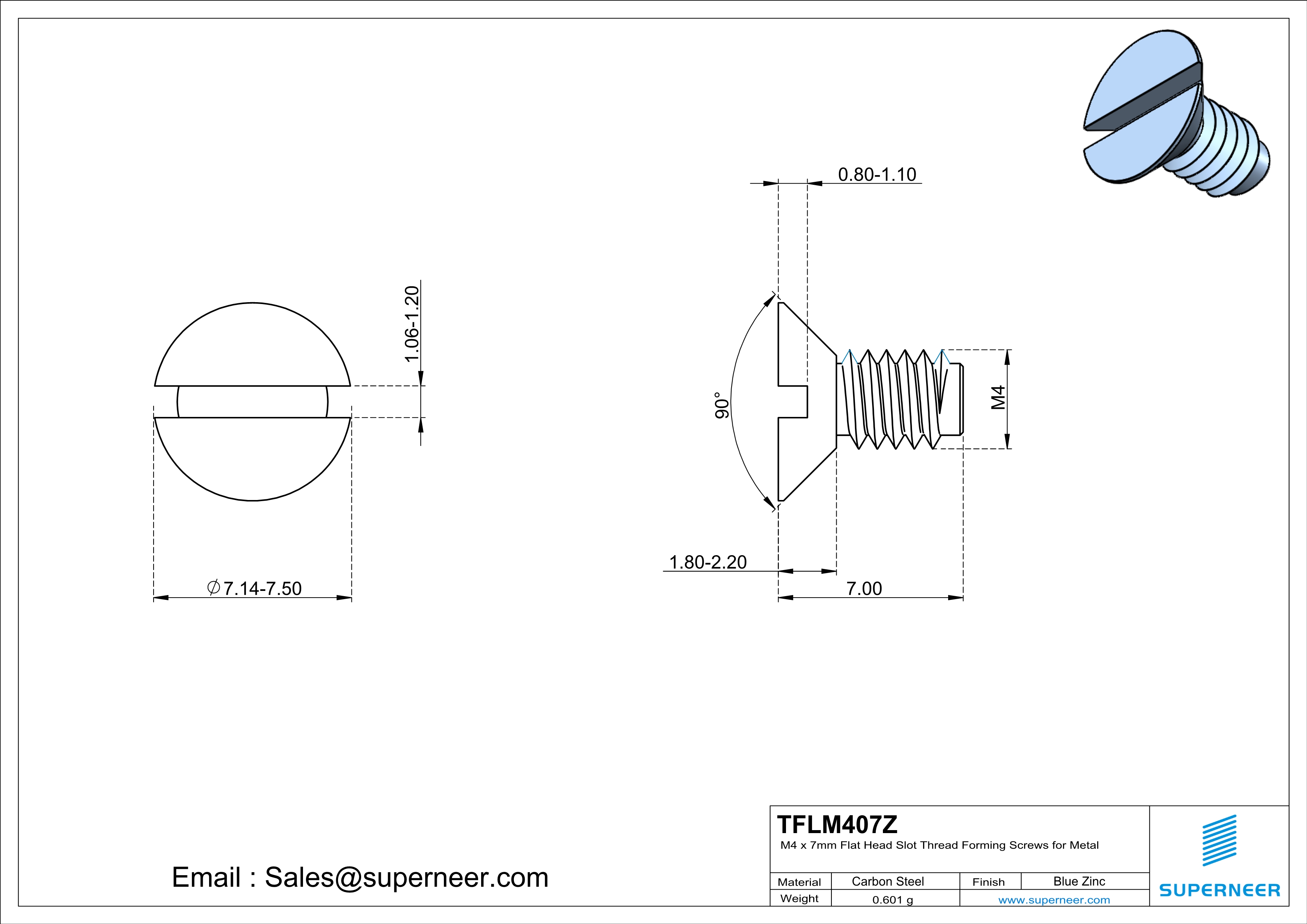 M4 × 7mm Flat Head Slot Thread Forming Screws for Metal Steel Blue Zinc Plated