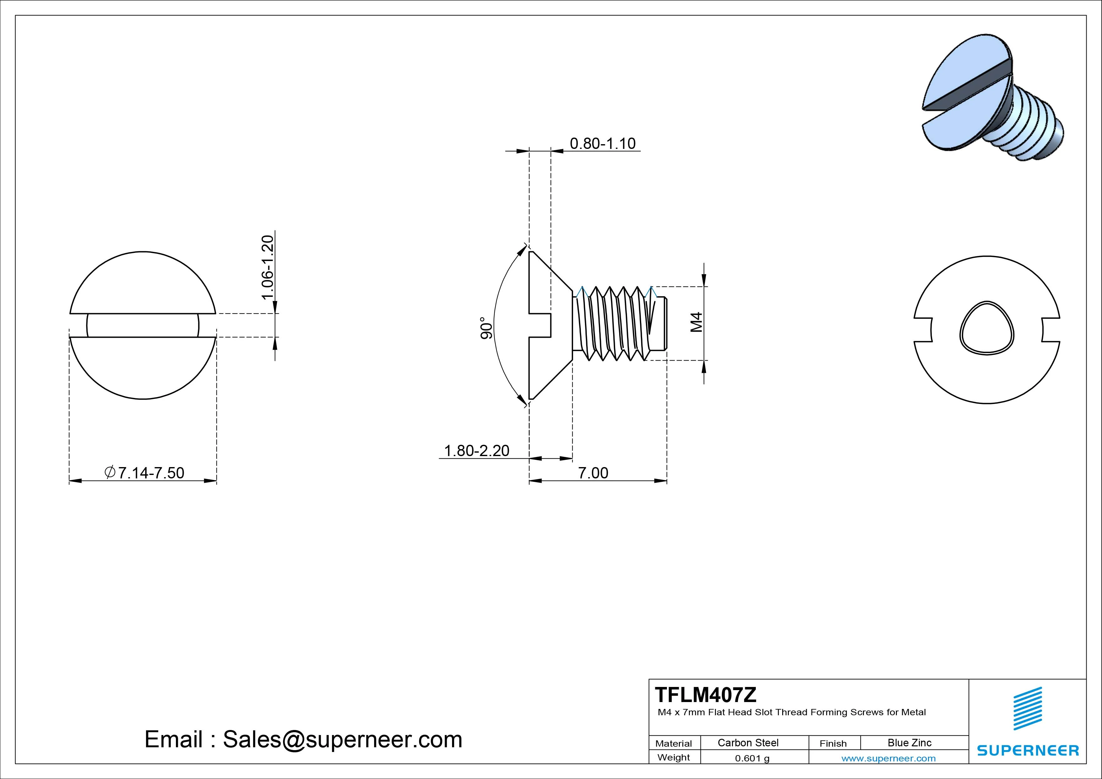 M4 × 7mm Flat Head Slot Thread Forming Screws for Metal Steel Blue Zinc Plated