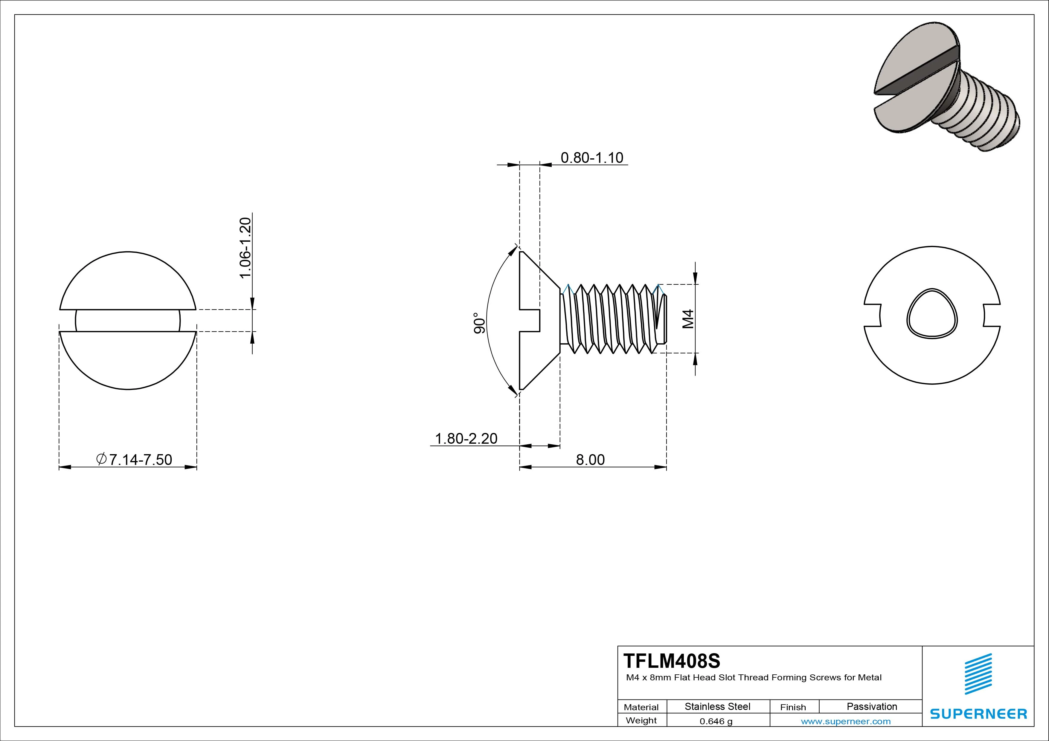 M4 × 8mm Flat Head Slot Thread Forming Screws for Metal SUS304 Stainless Steel Inox