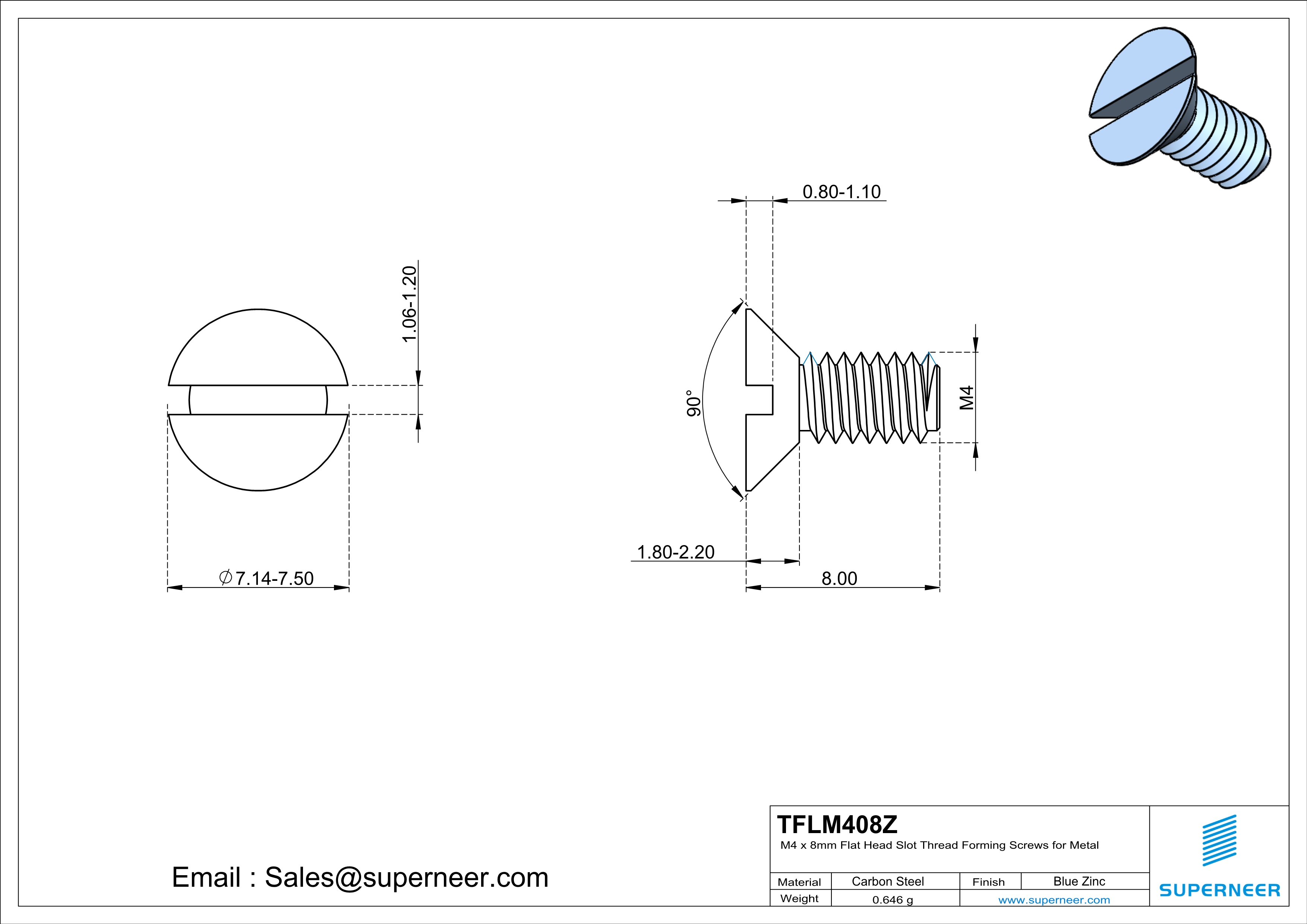M4 × 8mm Flat Head Slot Thread Forming Screws for Metal Steel Blue Zinc Plated