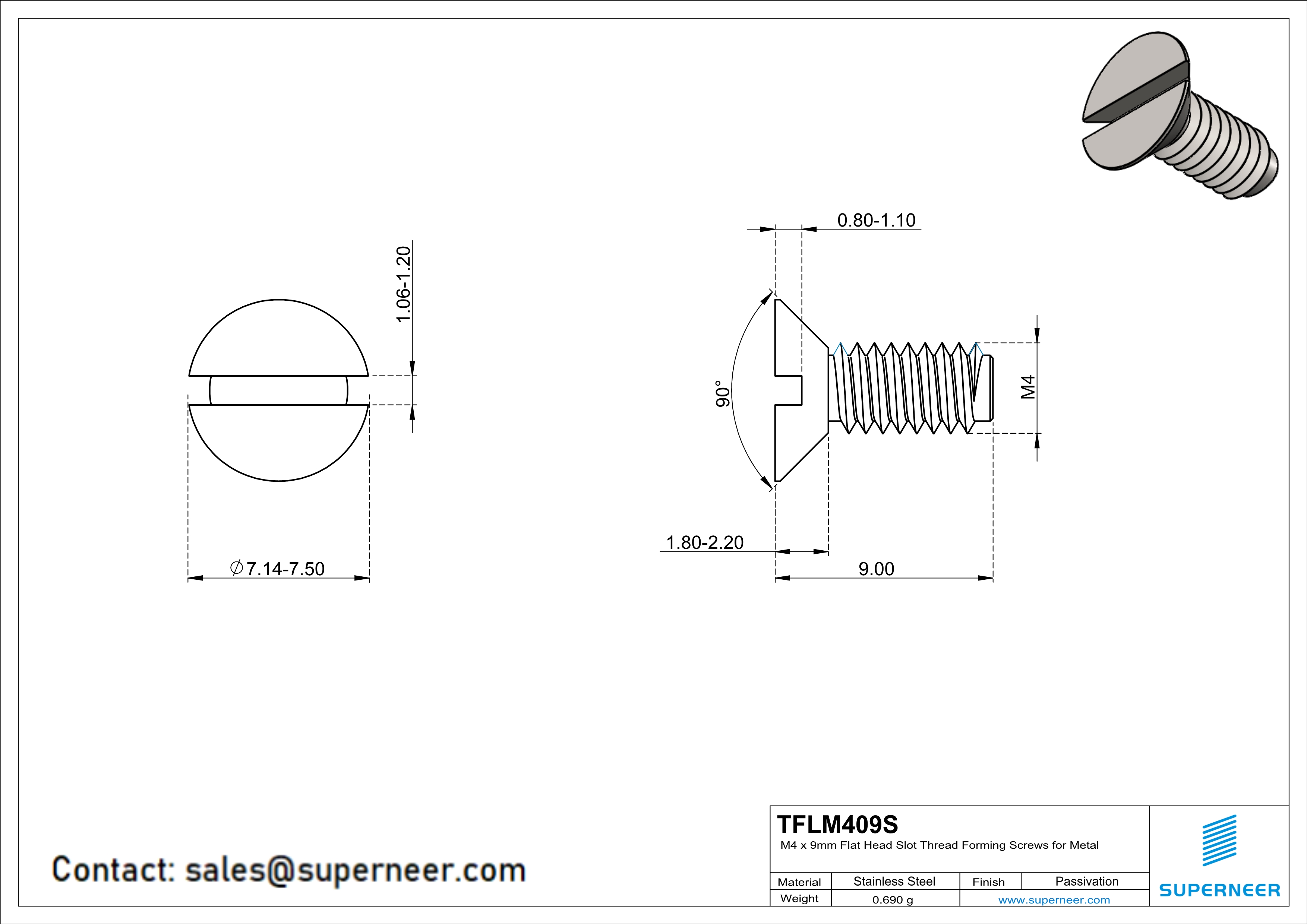 M4 × 9mm Flat Head Slot Thread Forming Screws for Metal SUS304 Stainless Steel Inox