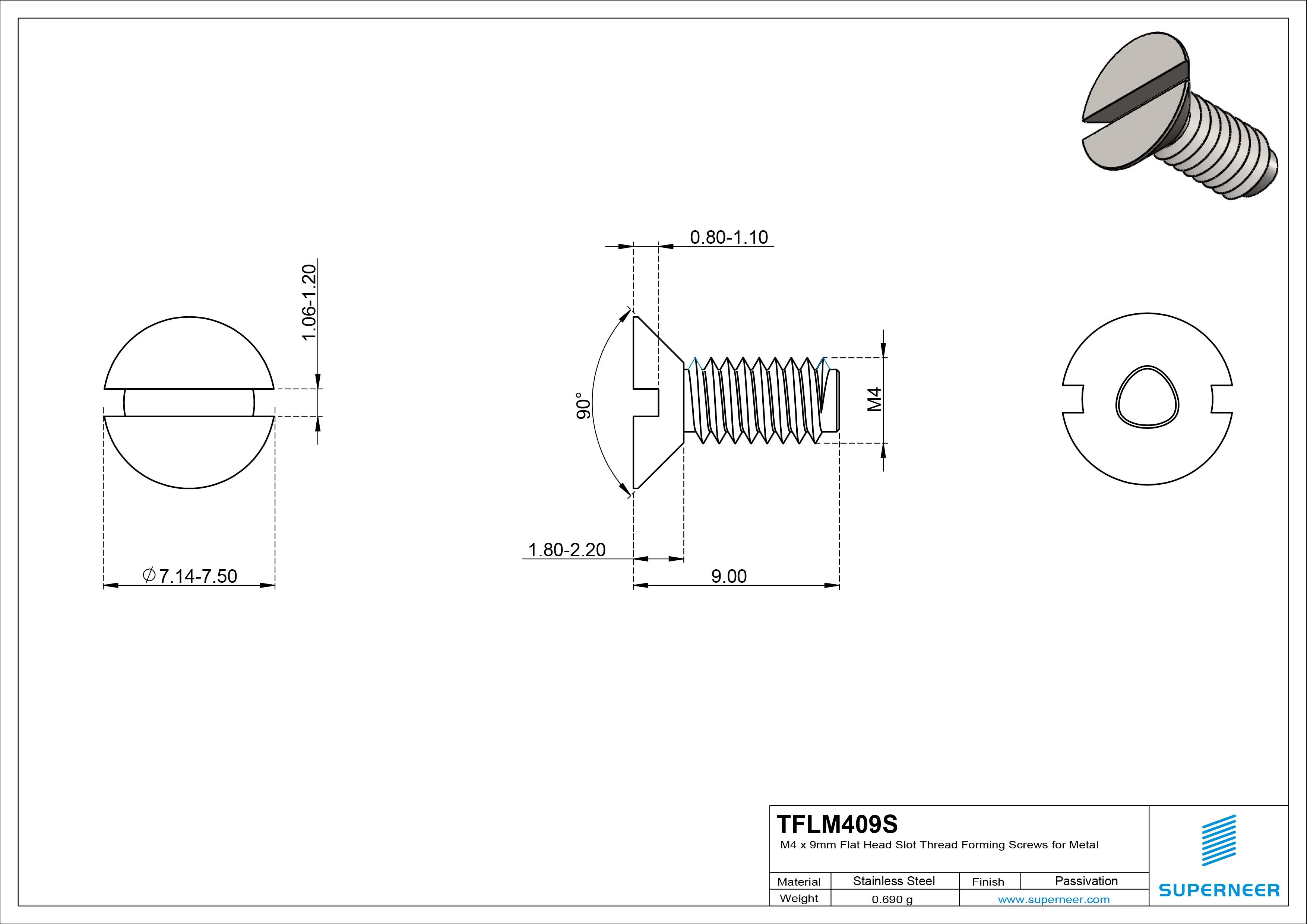 M4 × 9mm Flat Head Slot Thread Forming Screws for Metal SUS304 Stainless Steel Inox