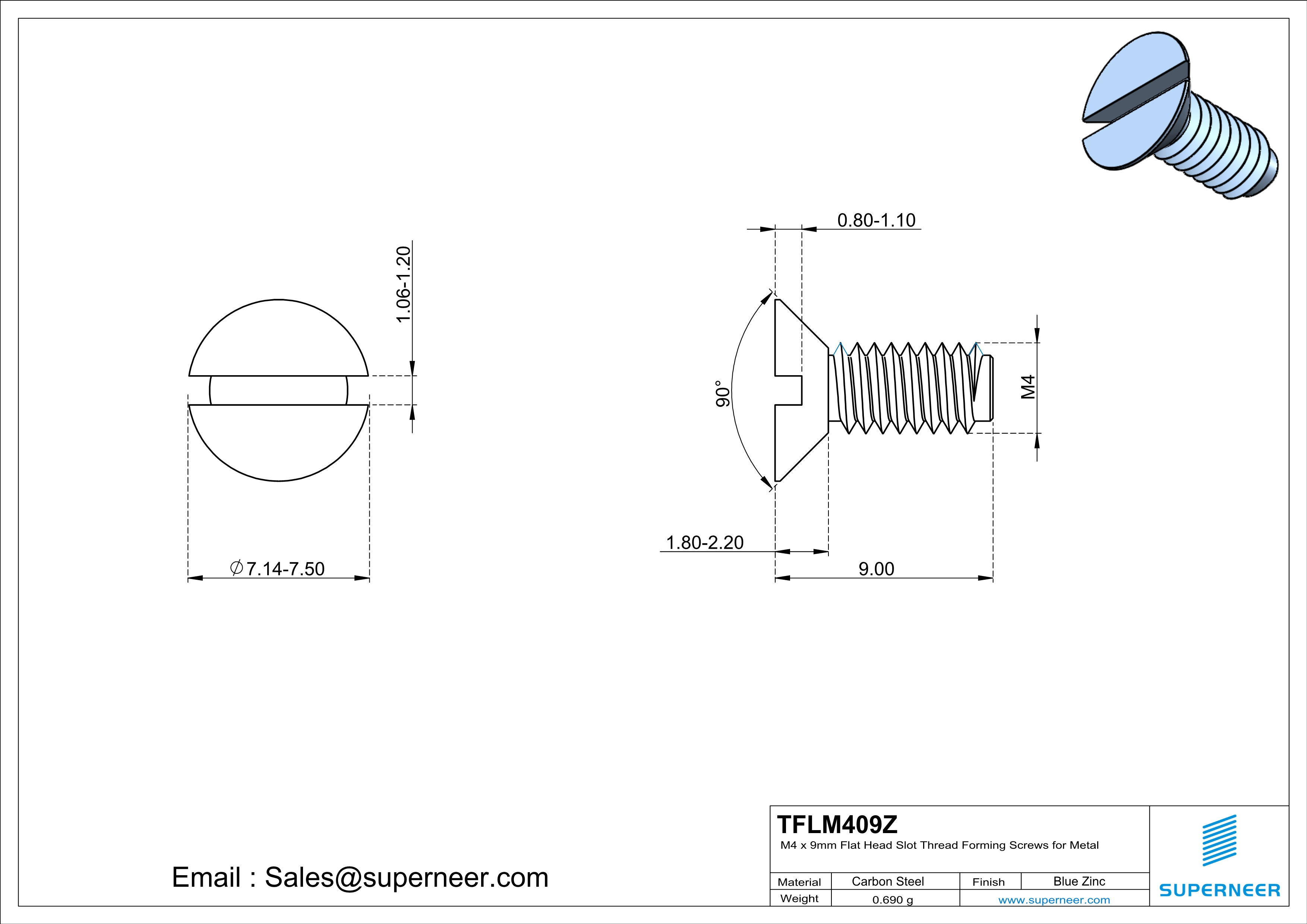M4 × 9mm Flat Head Slot Thread Forming Screws for Metal Steel Blue Zinc Plated
