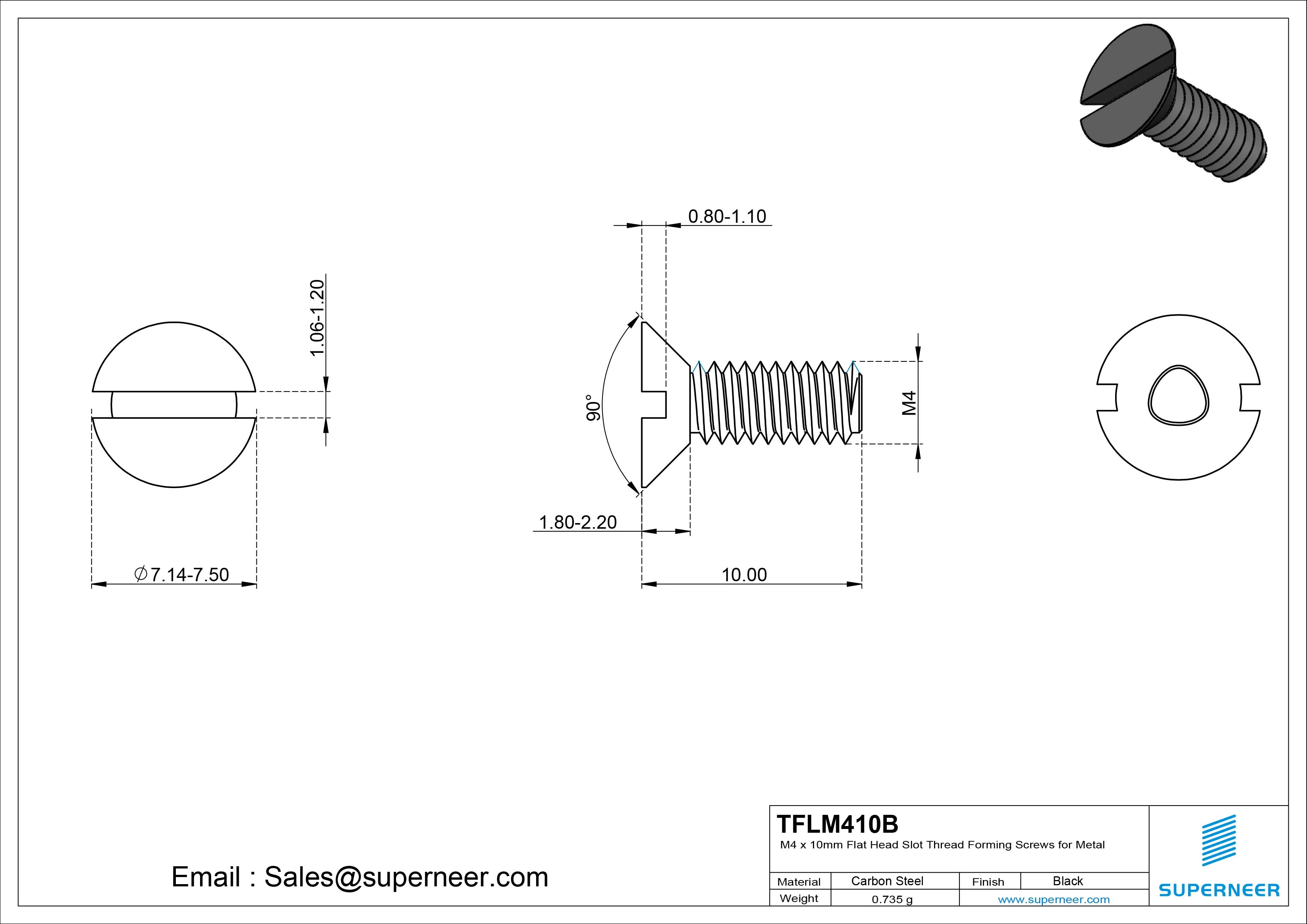 M4 × 10mm Flat Head Slot Thread Forming Screws for Metal Steel Black