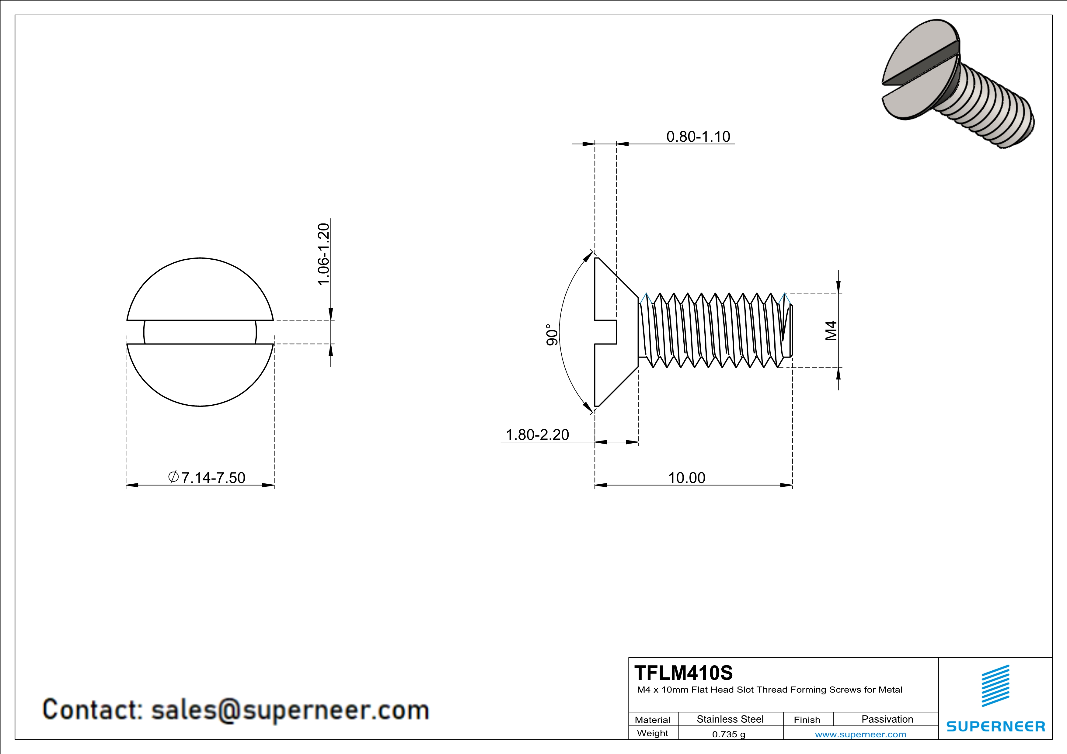 M4 × 10mm Flat Head Slot Thread Forming Screws for Metal SUS304 Stainless Steel Inox
