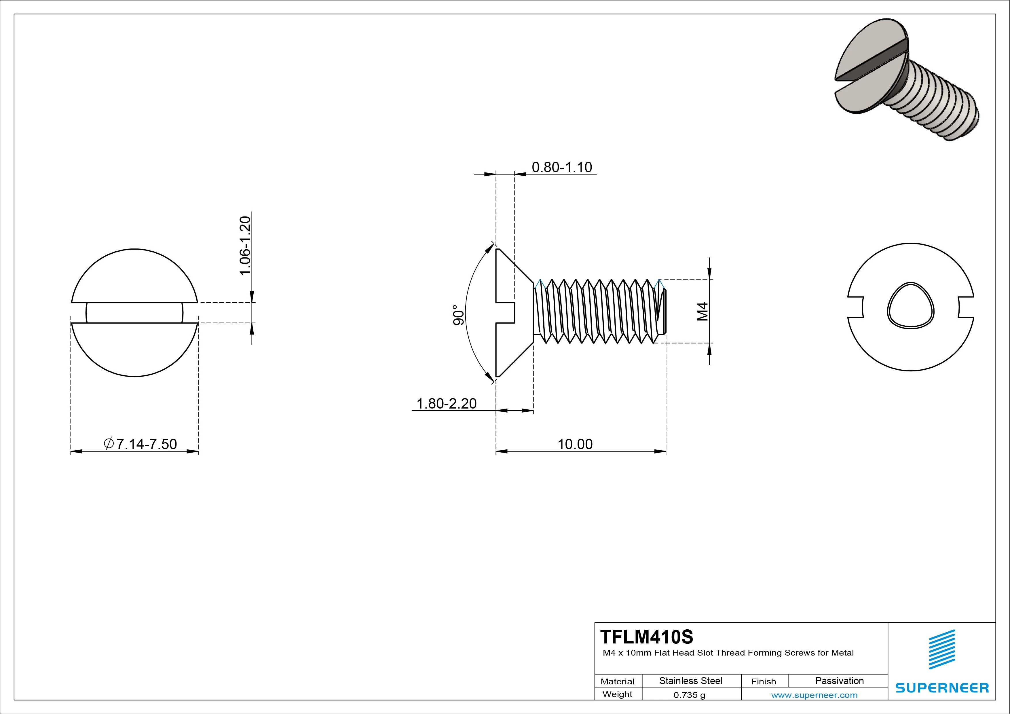 M4 × 10mm Flat Head Slot Thread Forming Screws for Metal SUS304 Stainless Steel Inox