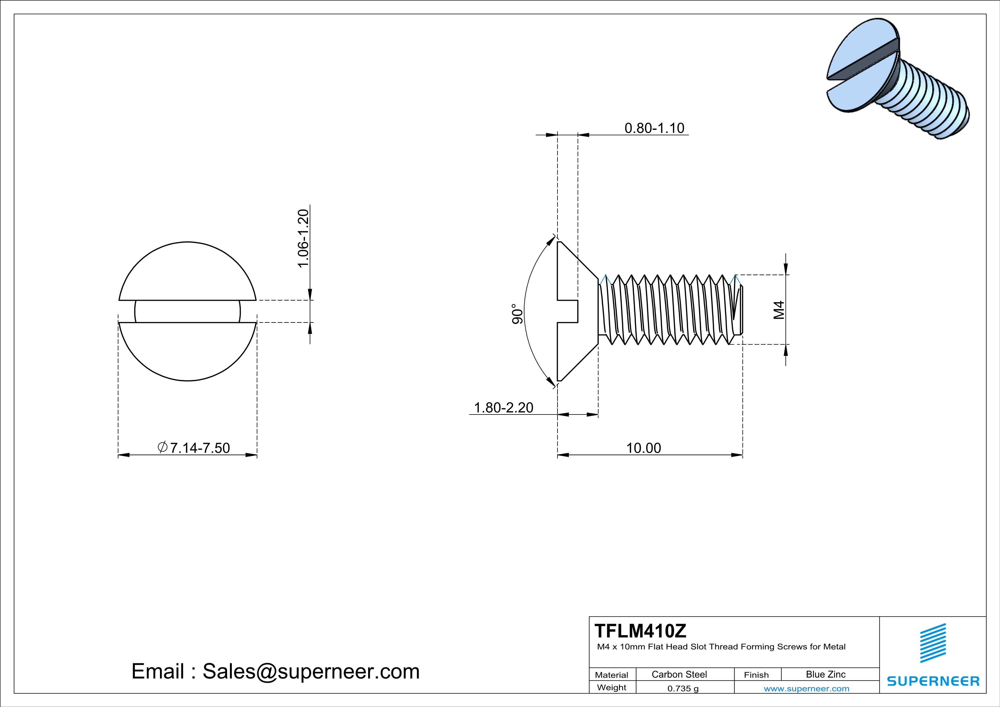 M4 × 10mm Flat Head Slot Thread Forming Screws for Metal Steel Blue Zinc Plated