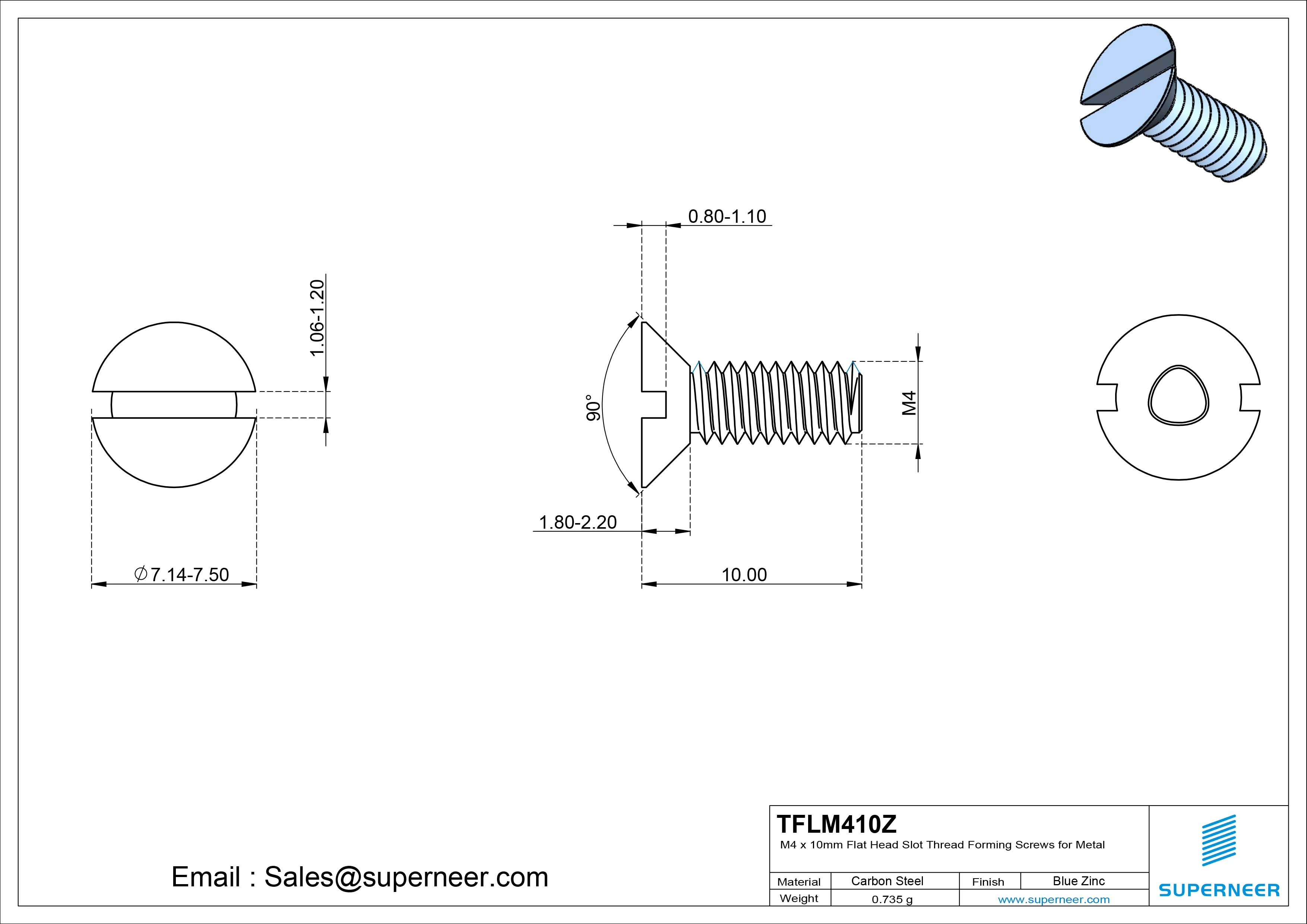 M4 × 10mm Flat Head Slot Thread Forming Screws for Metal Steel Blue Zinc Plated