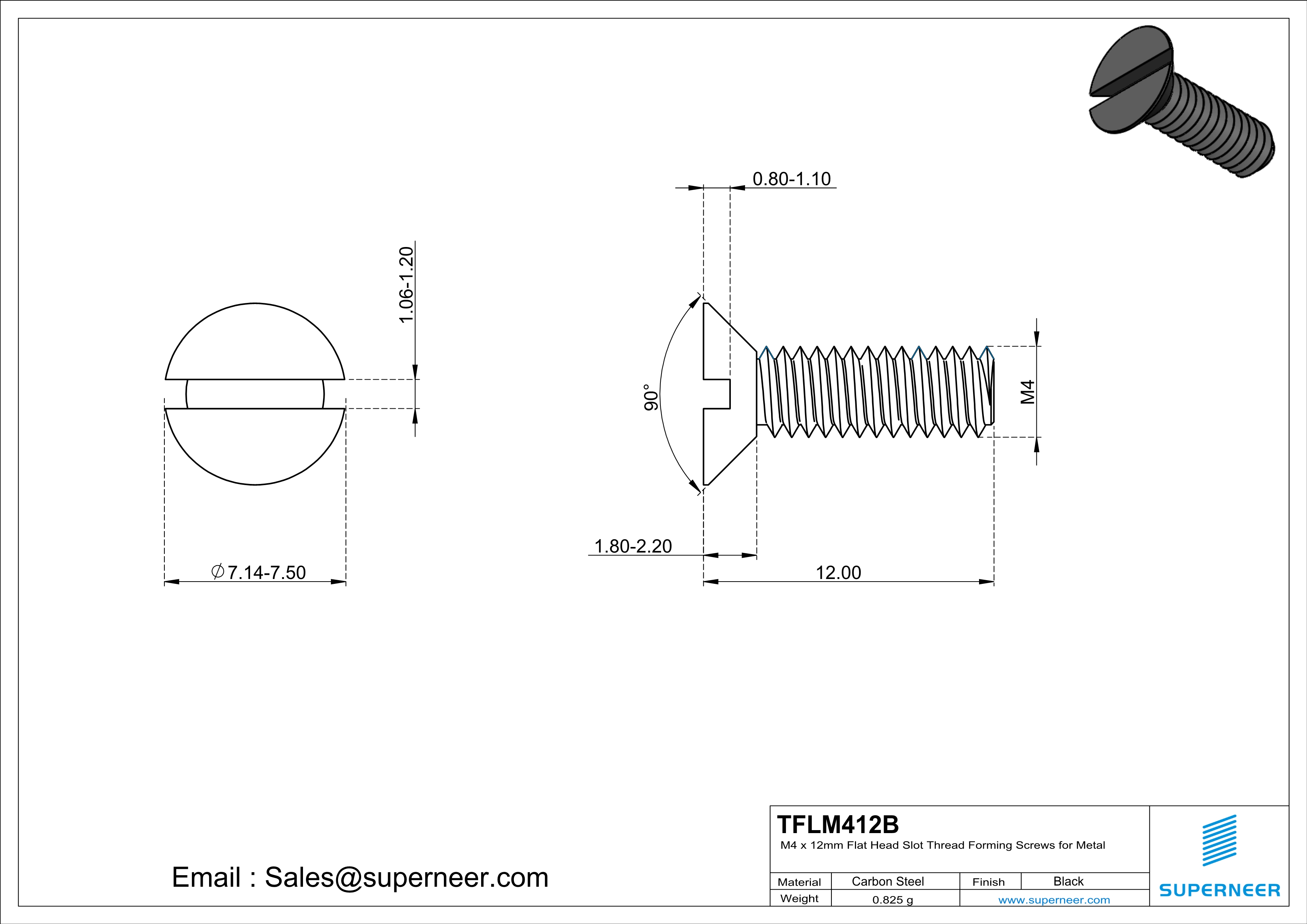 M4 × 12mm Flat Head Slot Thread Forming Screws for Metal Steel Black