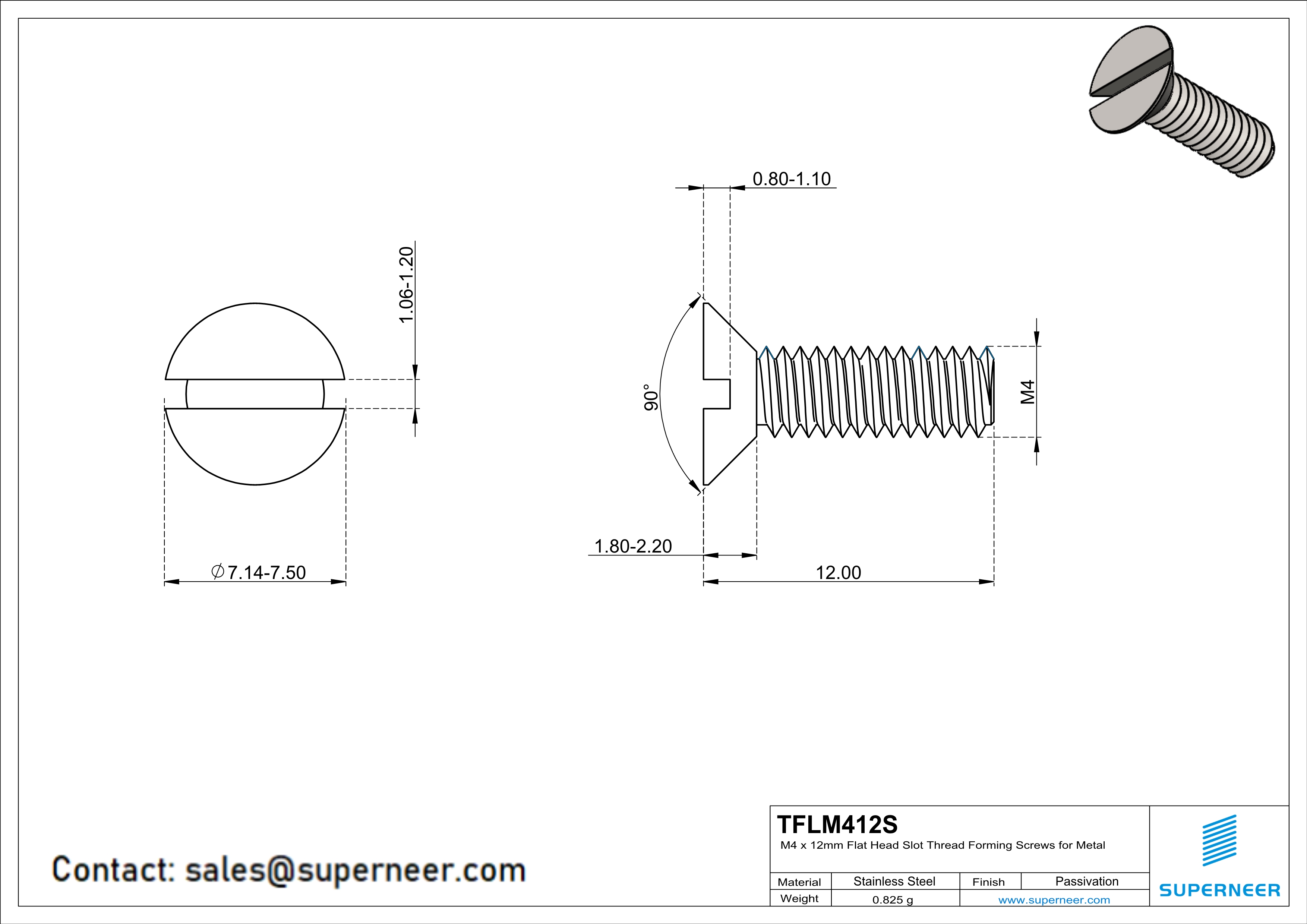 M4 × 12mm Flat Head Slot Thread Forming Screws for Metal SUS304 Stainless Steel Inox