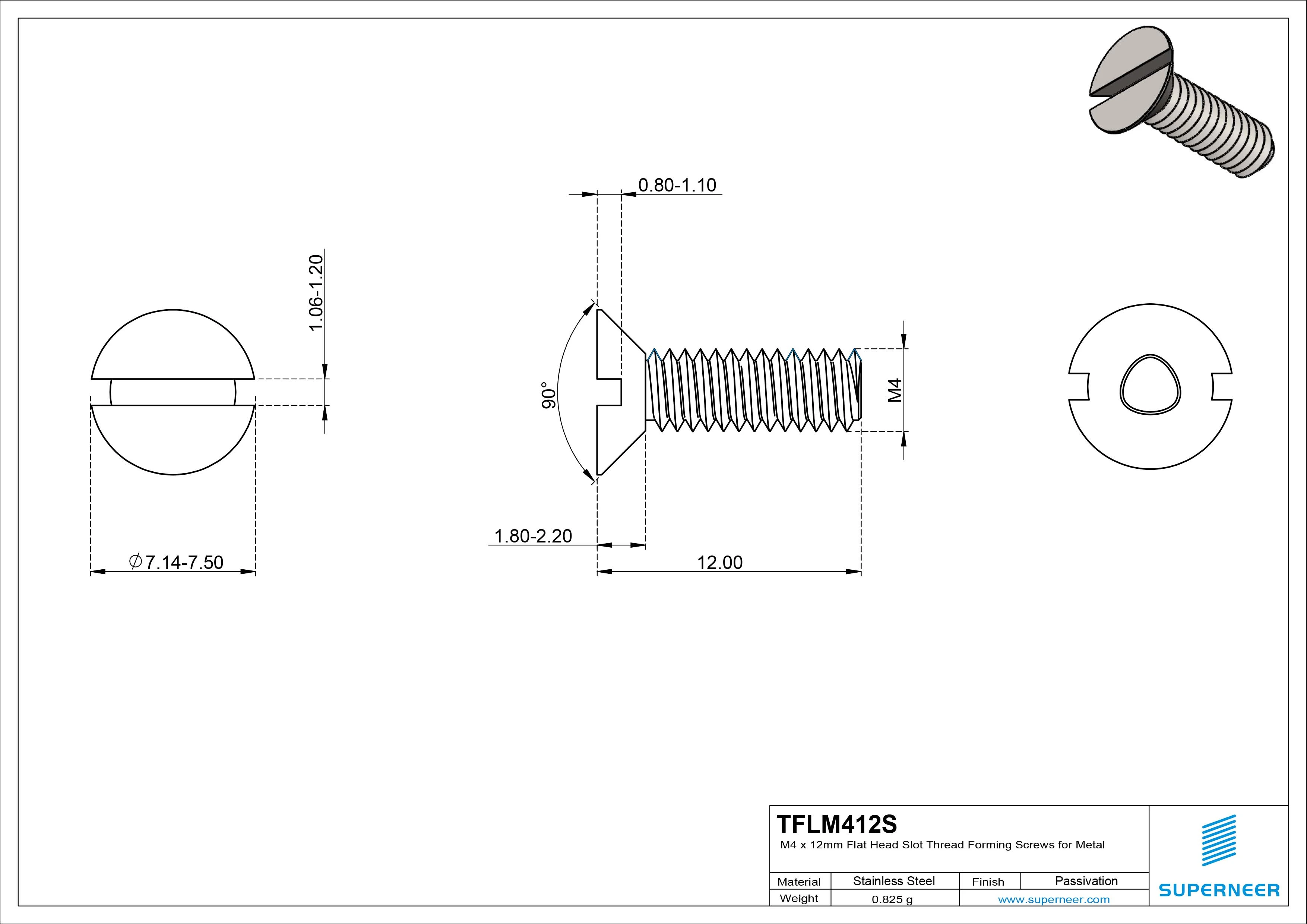 M4 × 12mm Flat Head Slot Thread Forming Screws for Metal SUS304 Stainless Steel Inox