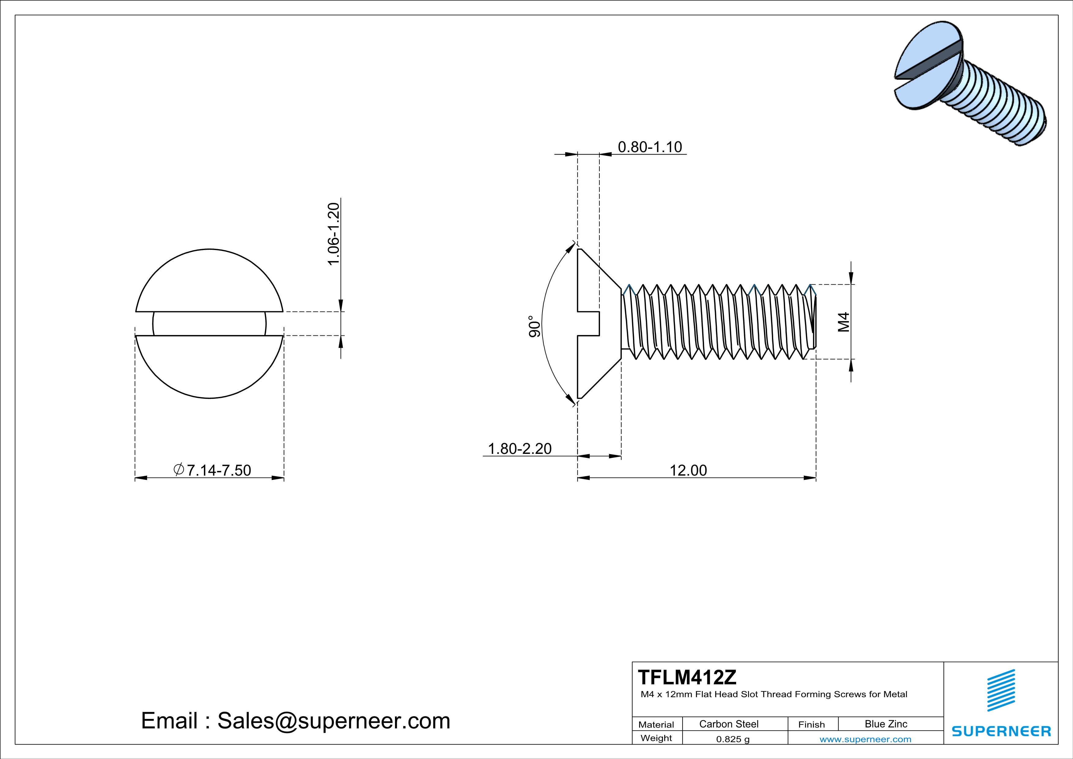 M4 × 12mm Flat Head Slot Thread Forming Screws for Metal Steel Blue Zinc Plated