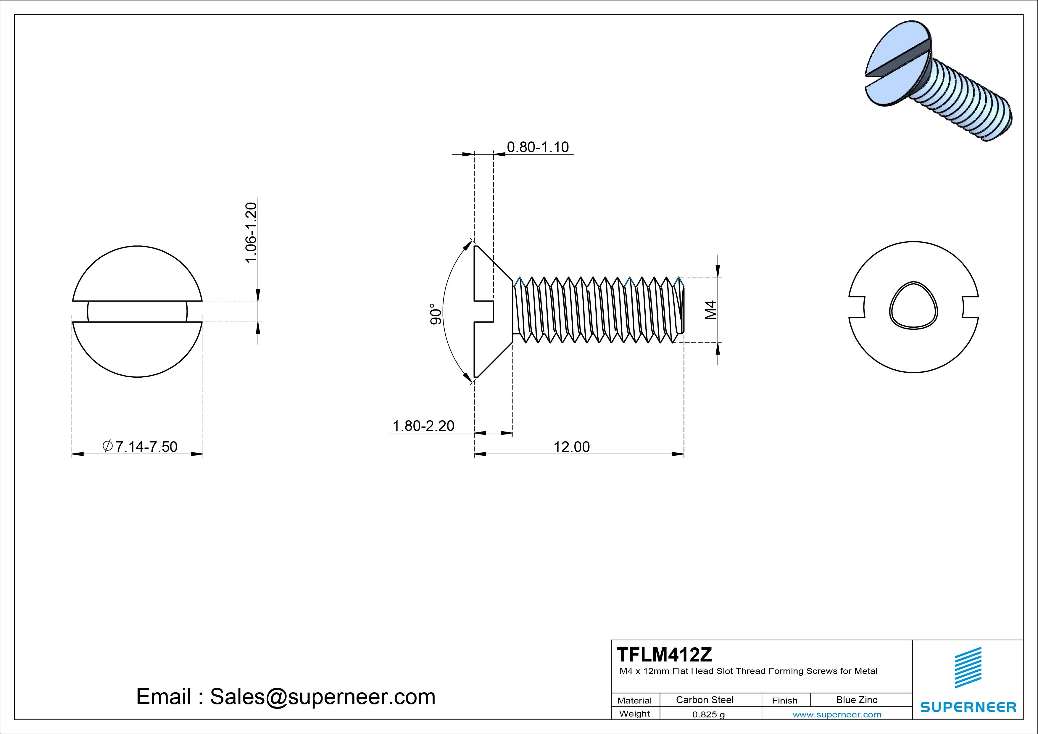 M4 × 12mm Flat Head Slot Thread Forming Screws for Metal Steel Blue Zinc Plated