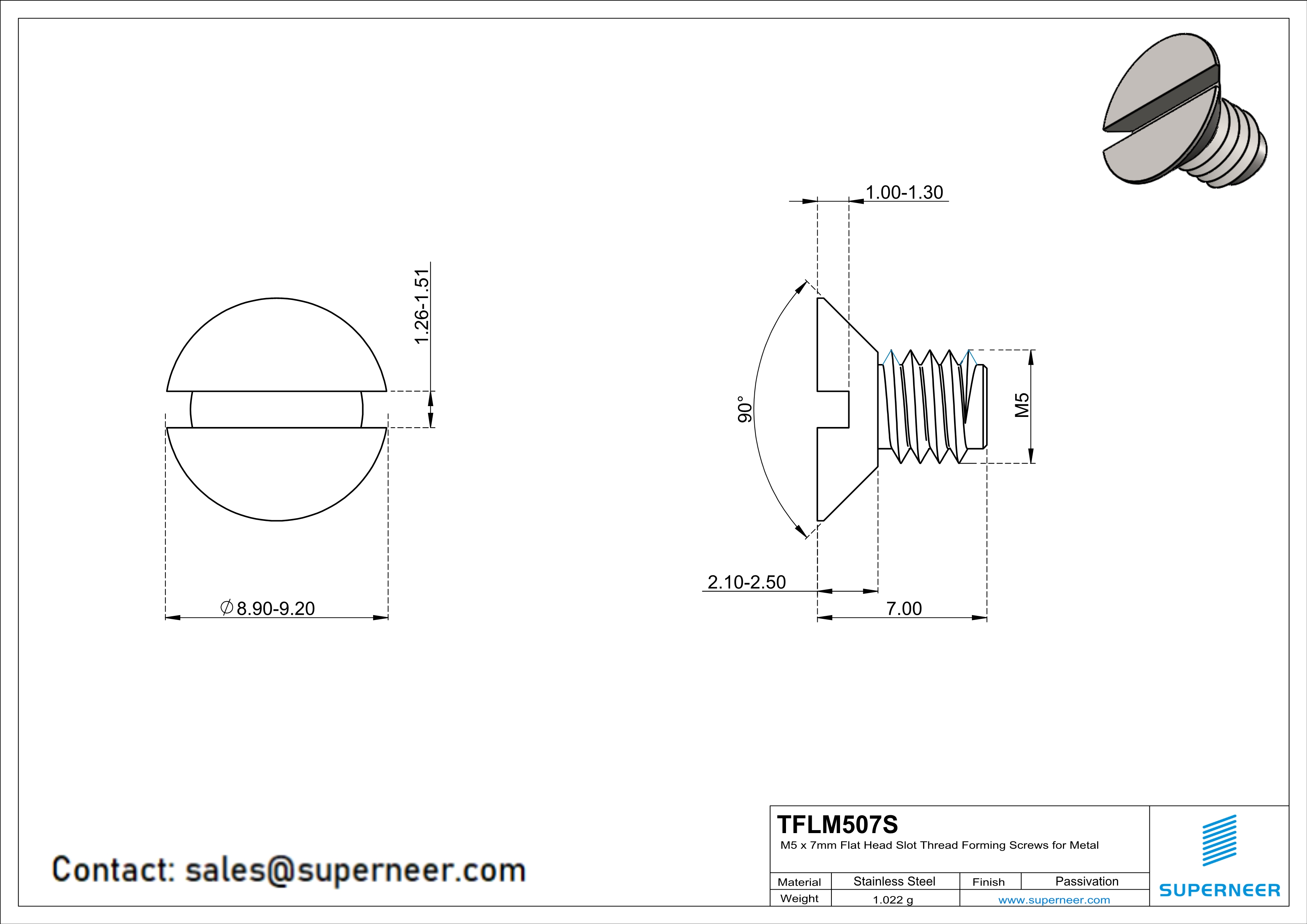 M5 × 7mm Flat Head Slot Thread Forming Screws for Metal SUS304 Stainless Steel Inox