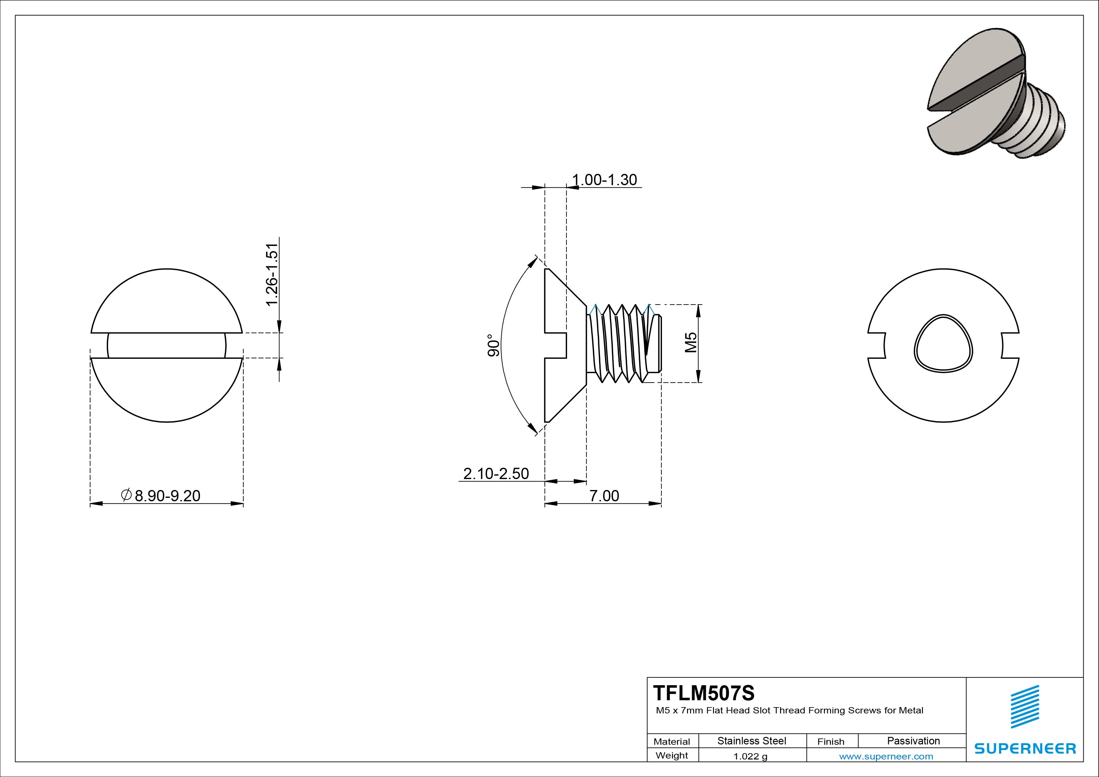 M5 × 7mm Flat Head Slot Thread Forming Screws for Metal SUS304 Stainless Steel Inox