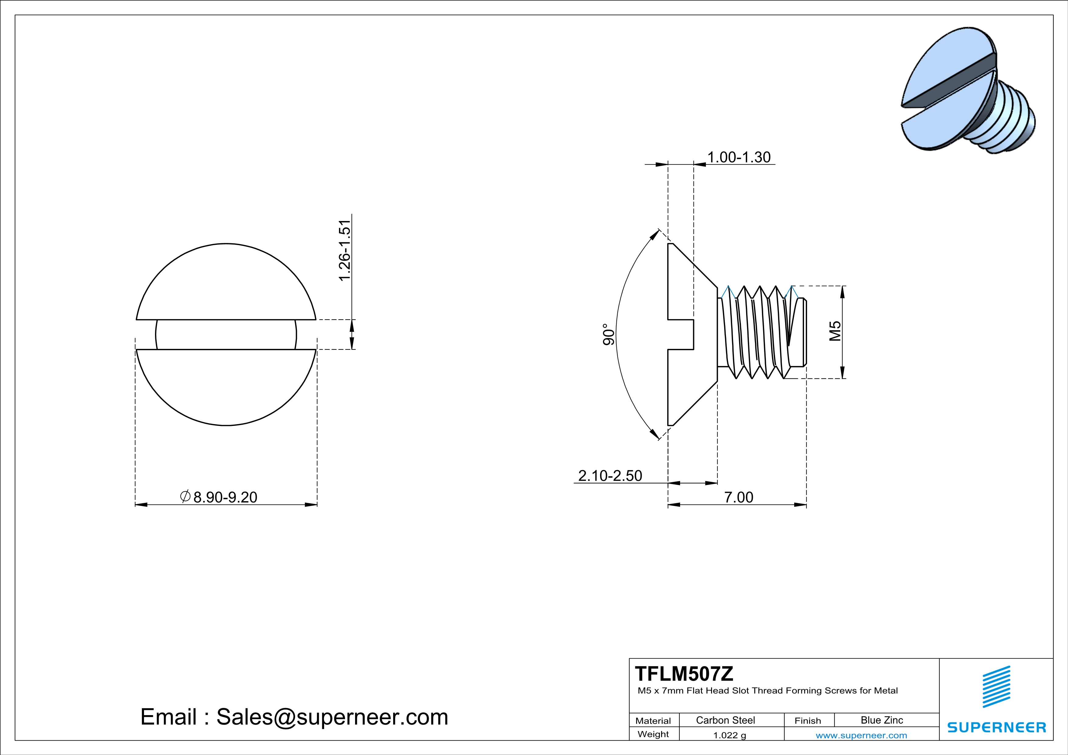 M5 × 7mm Flat Head Slot Thread Forming Screws for Metal Steel Blue Zinc Plated