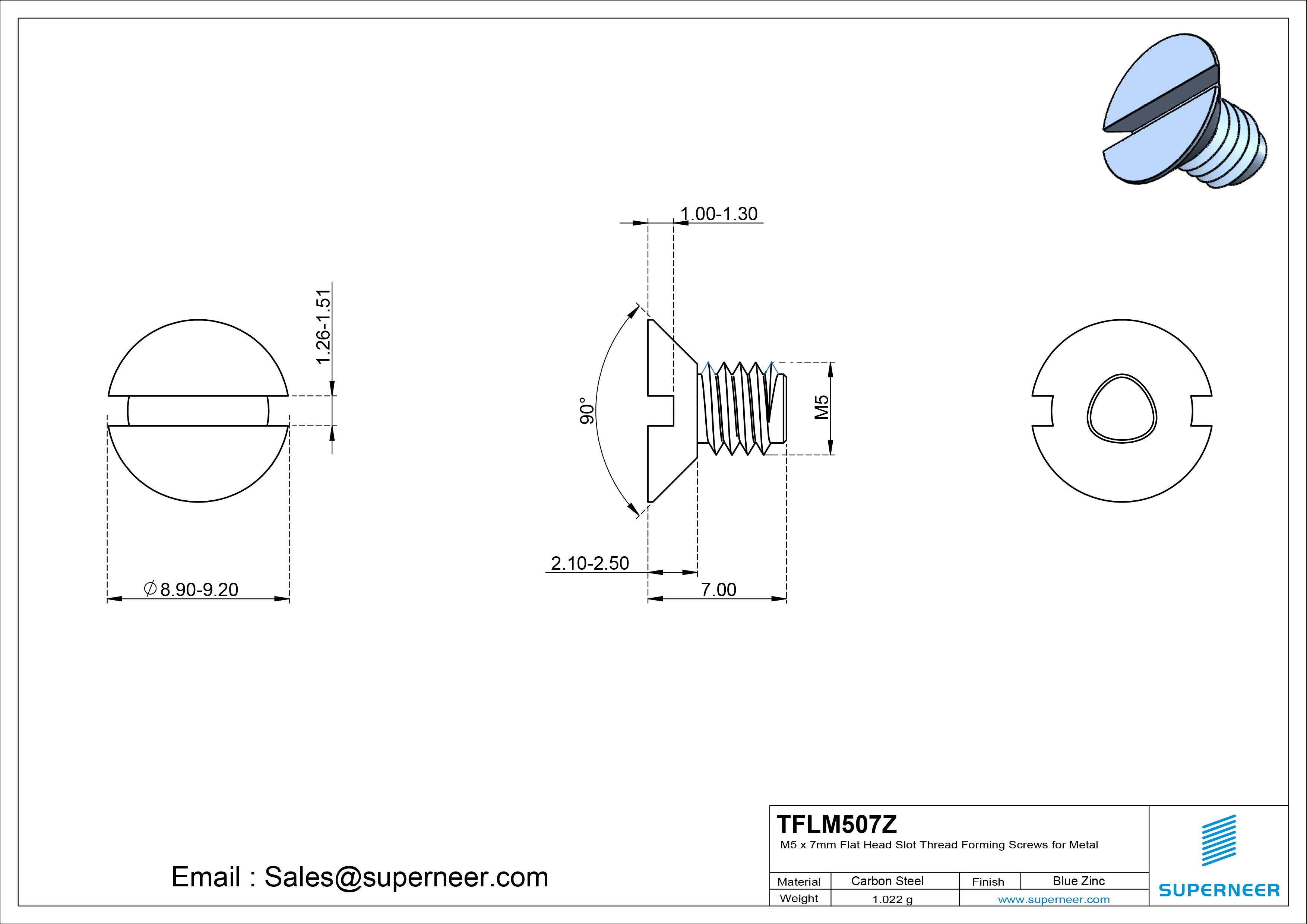 M5 × 7mm Flat Head Slot Thread Forming Screws for Metal Steel Blue Zinc Plated