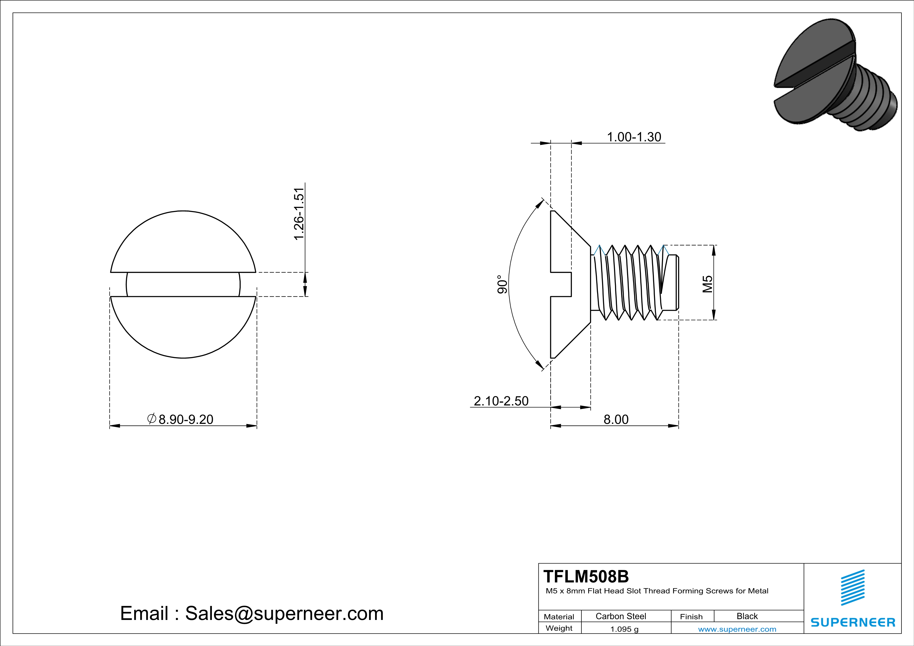 M5 × 8mm Flat Head Slot Thread Forming Screws for Metal Steel Black