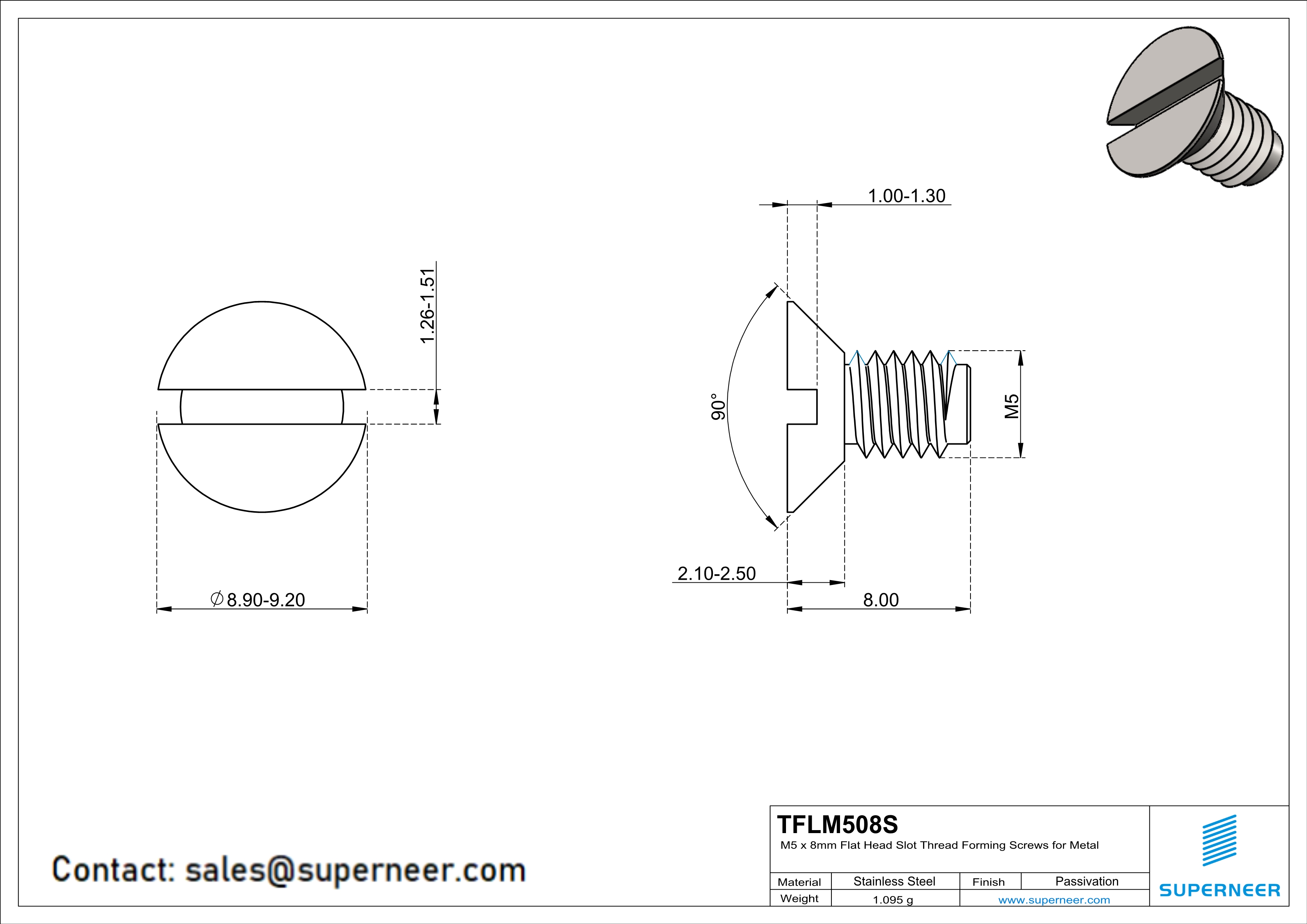 M5 × 8mm Flat Head Slot Thread Forming Screws for Metal SUS304 Stainless Steel Inox