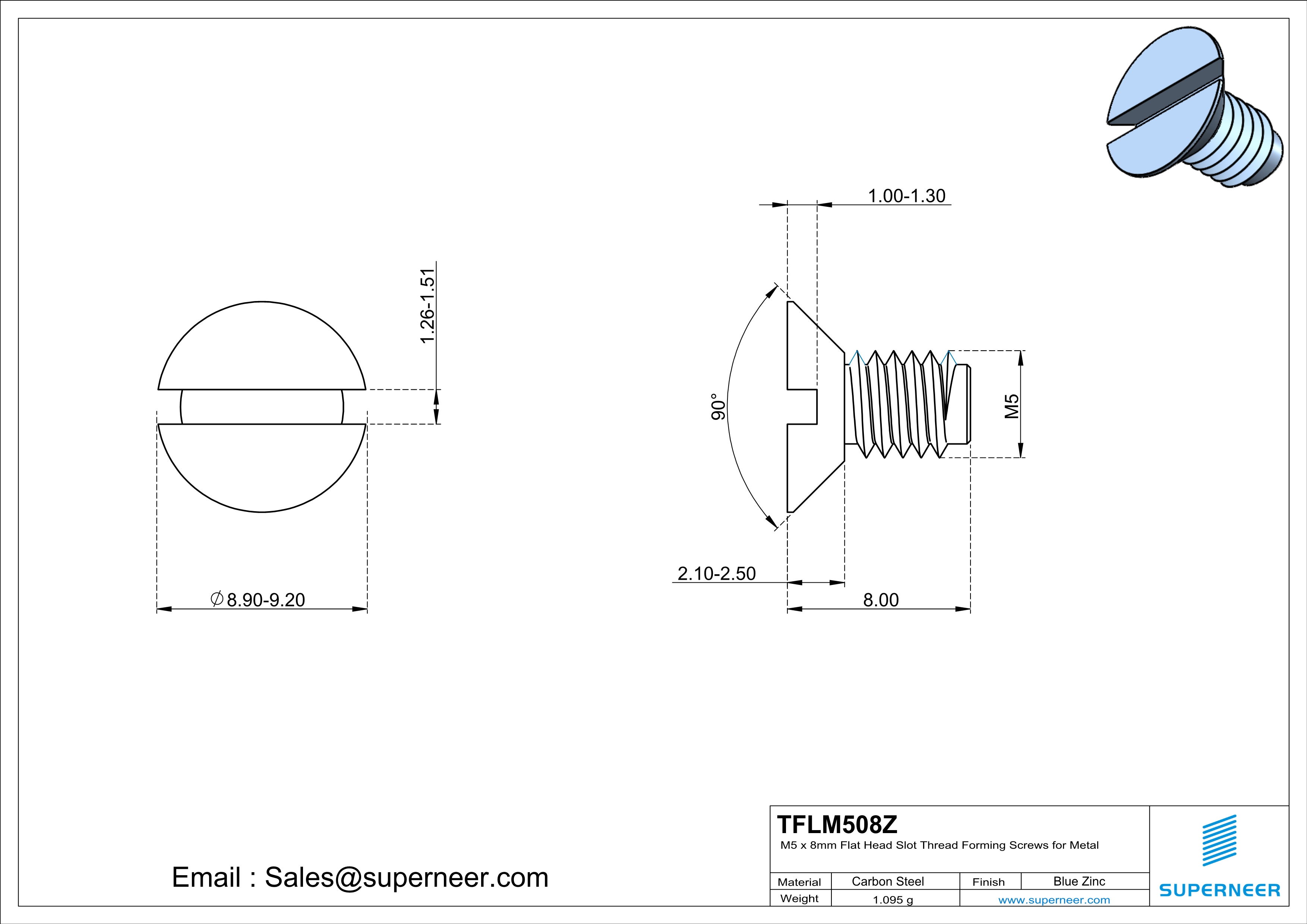 M5 × 8mm Flat Head Slot Thread Forming Screws for Metal Steel Blue Zinc Plated