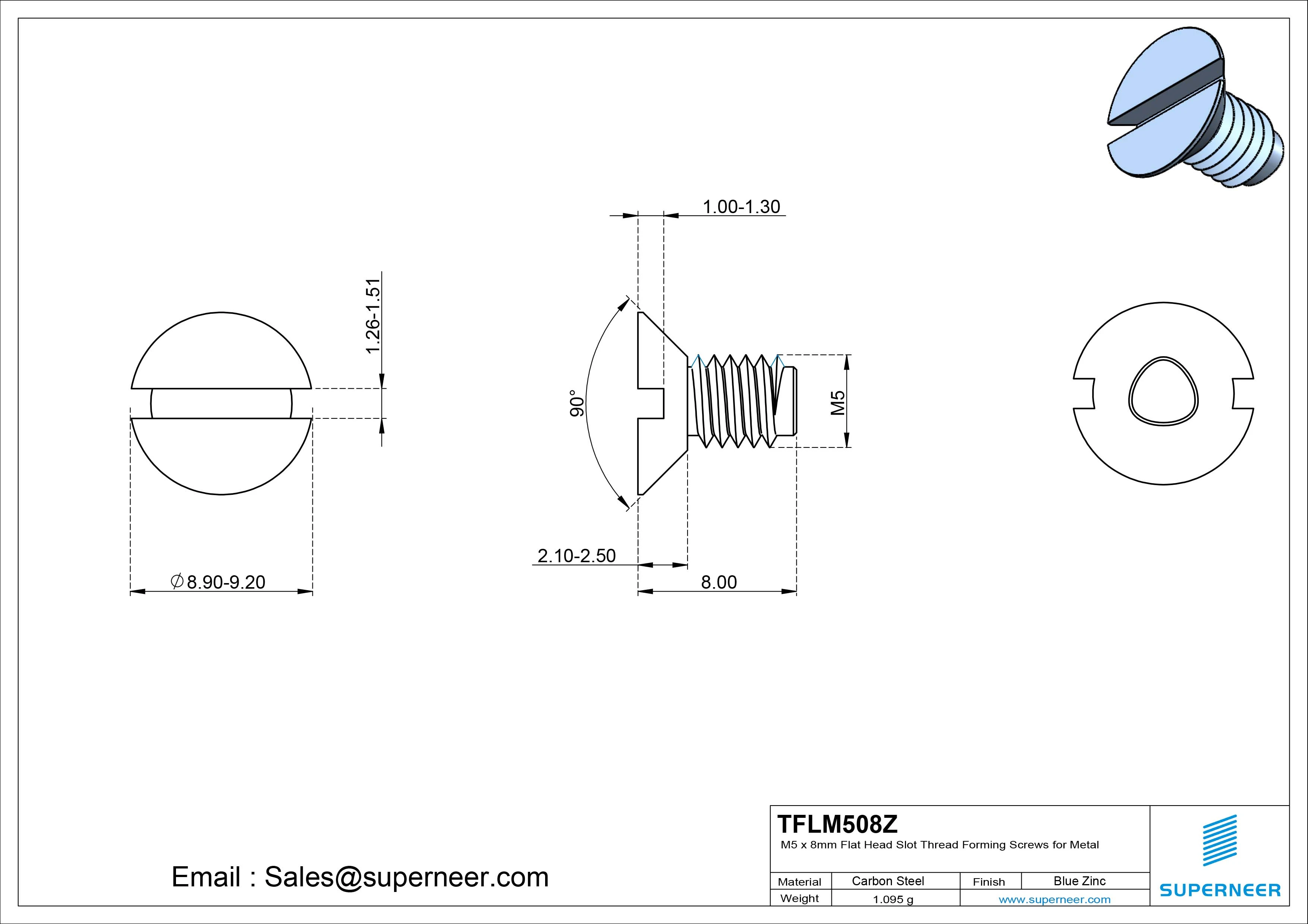 M5 × 8mm Flat Head Slot Thread Forming Screws for Metal Steel Blue Zinc Plated