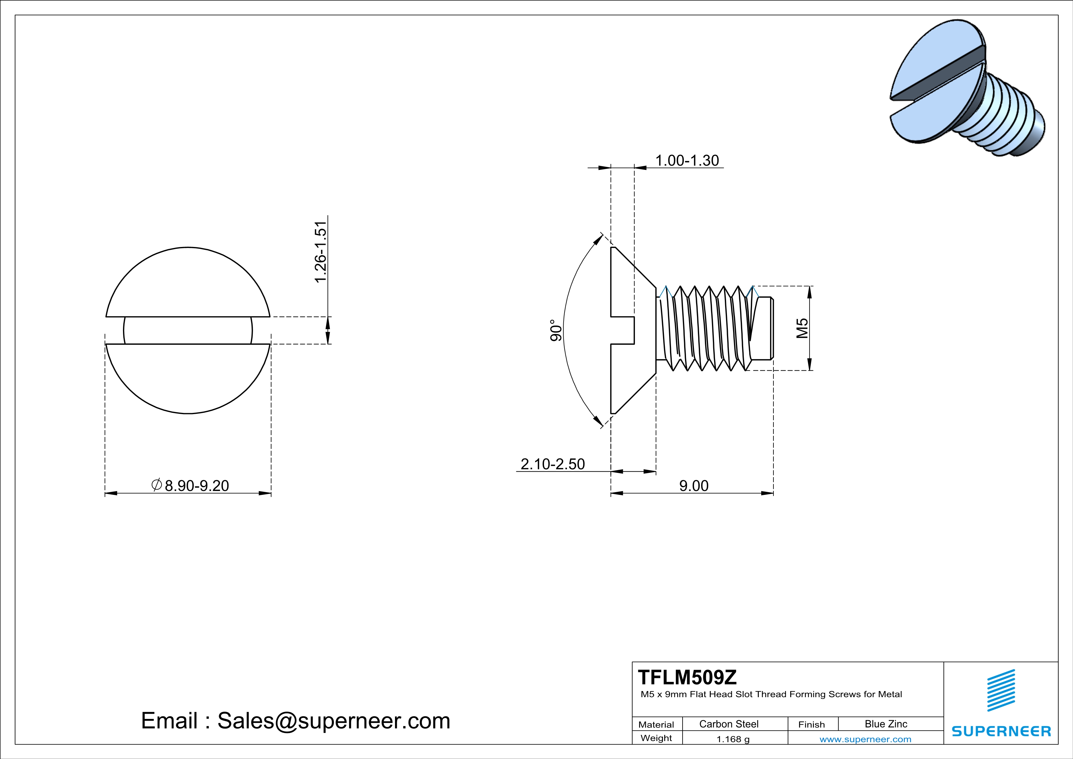 M5 × 9mm Flat Head Slot Thread Forming Screws for Metal Steel Blue Zinc Plated
