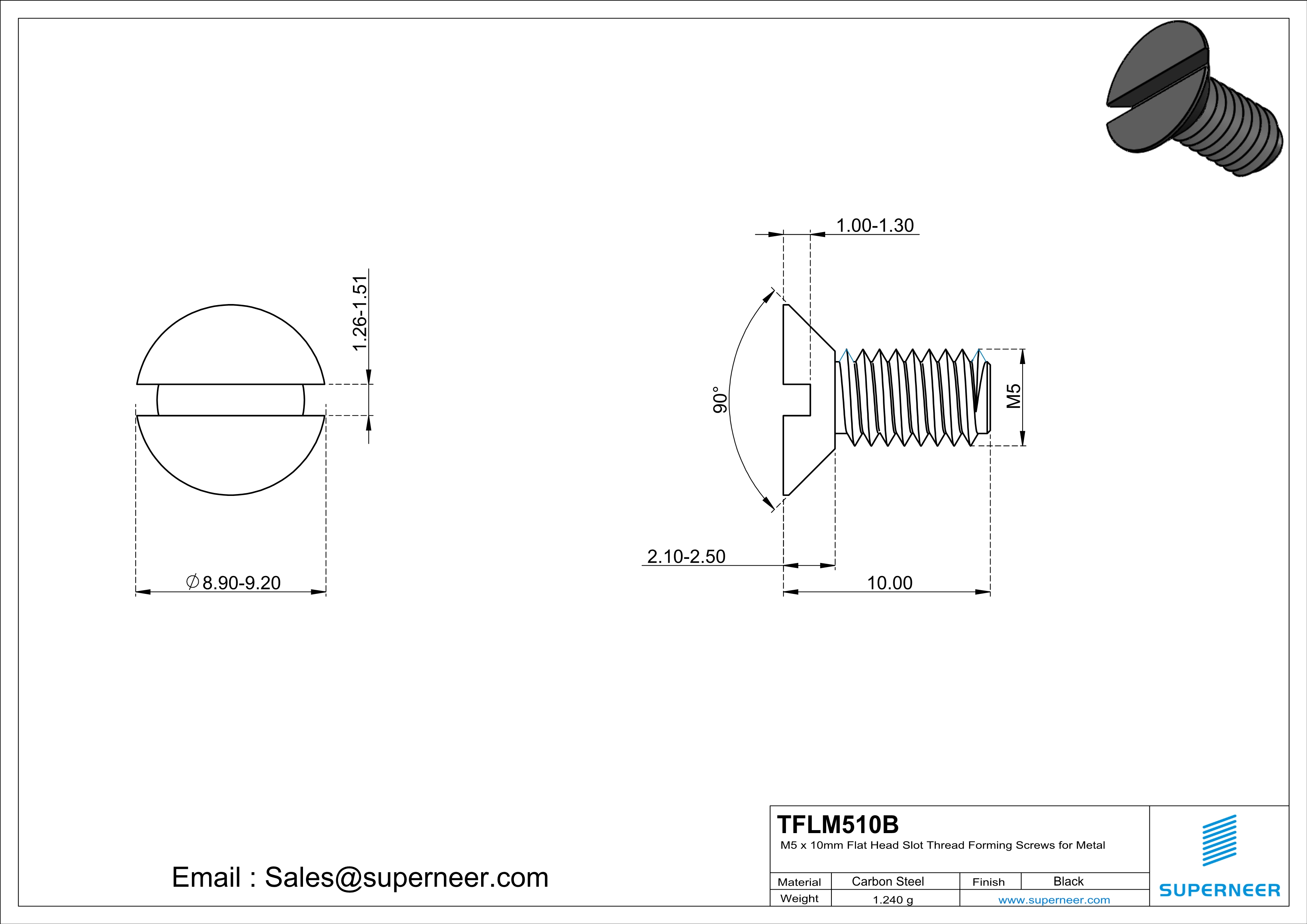 M5 × 10mm Flat Head Slot Thread Forming Screws for Metal Steel Black