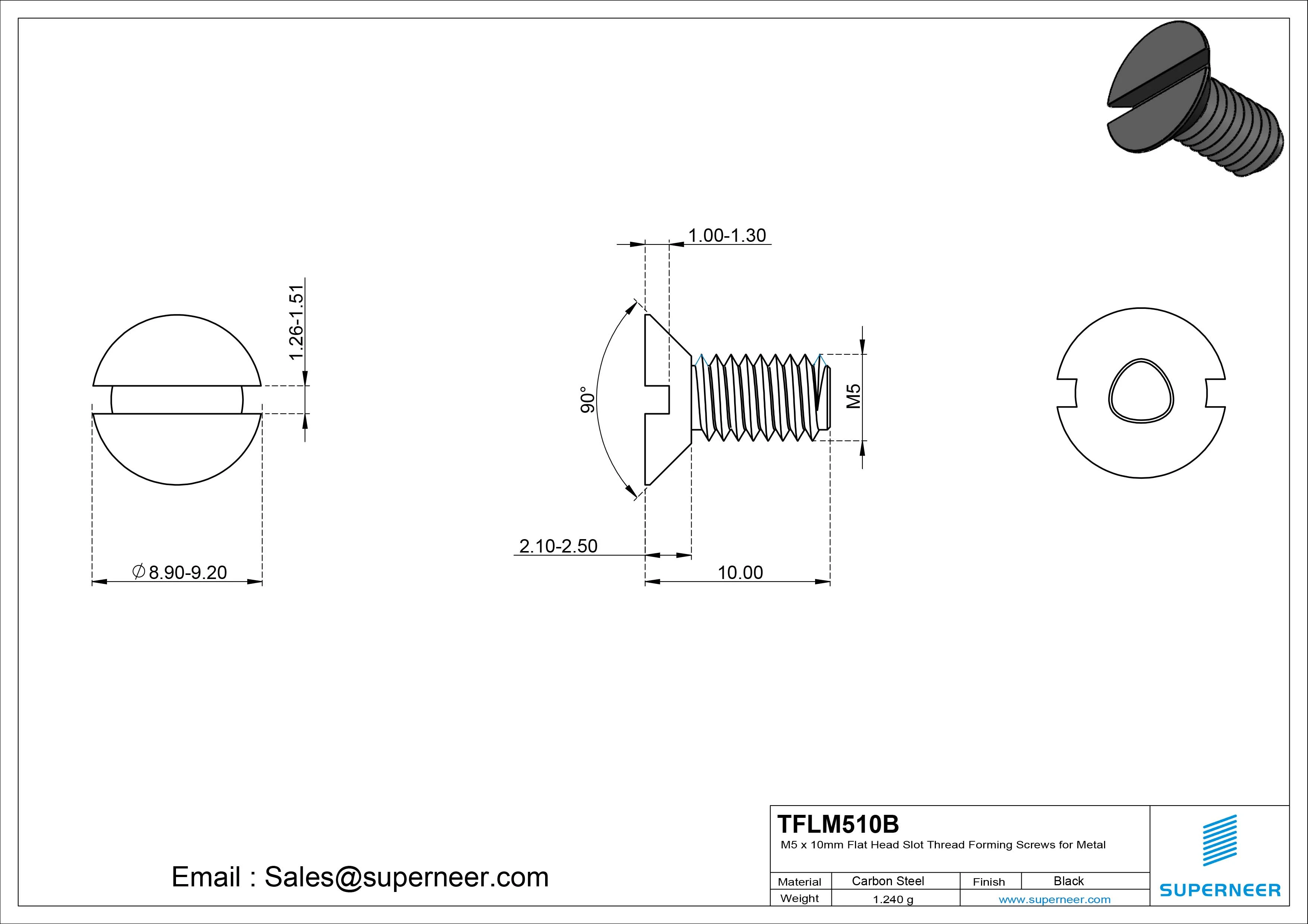 M5 × 10mm Flat Head Slot Thread Forming Screws for Metal Steel Black