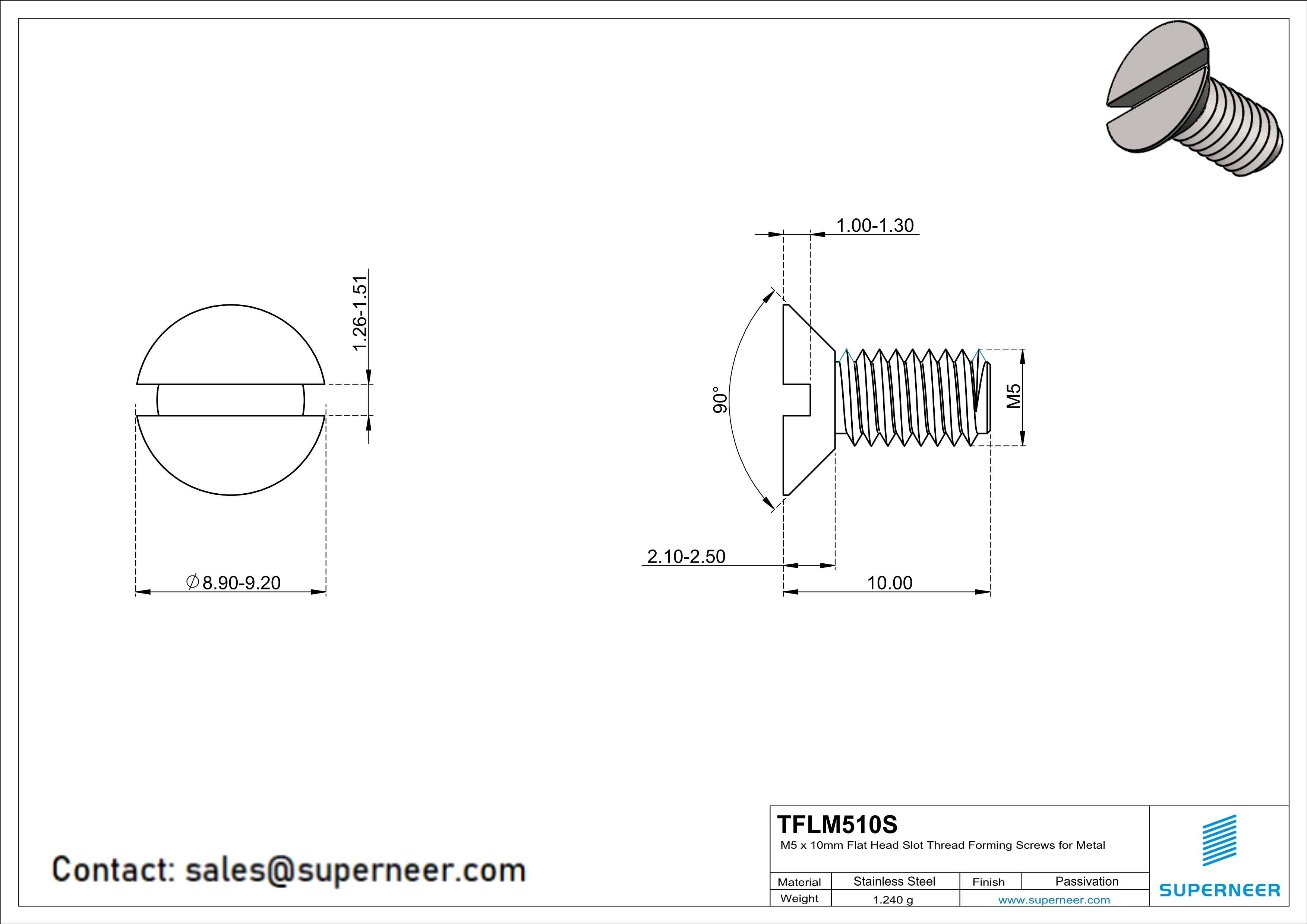 M5 × 10mm Flat Head Slot Thread Forming Screws for Metal SUS304 Stainless Steel Inox