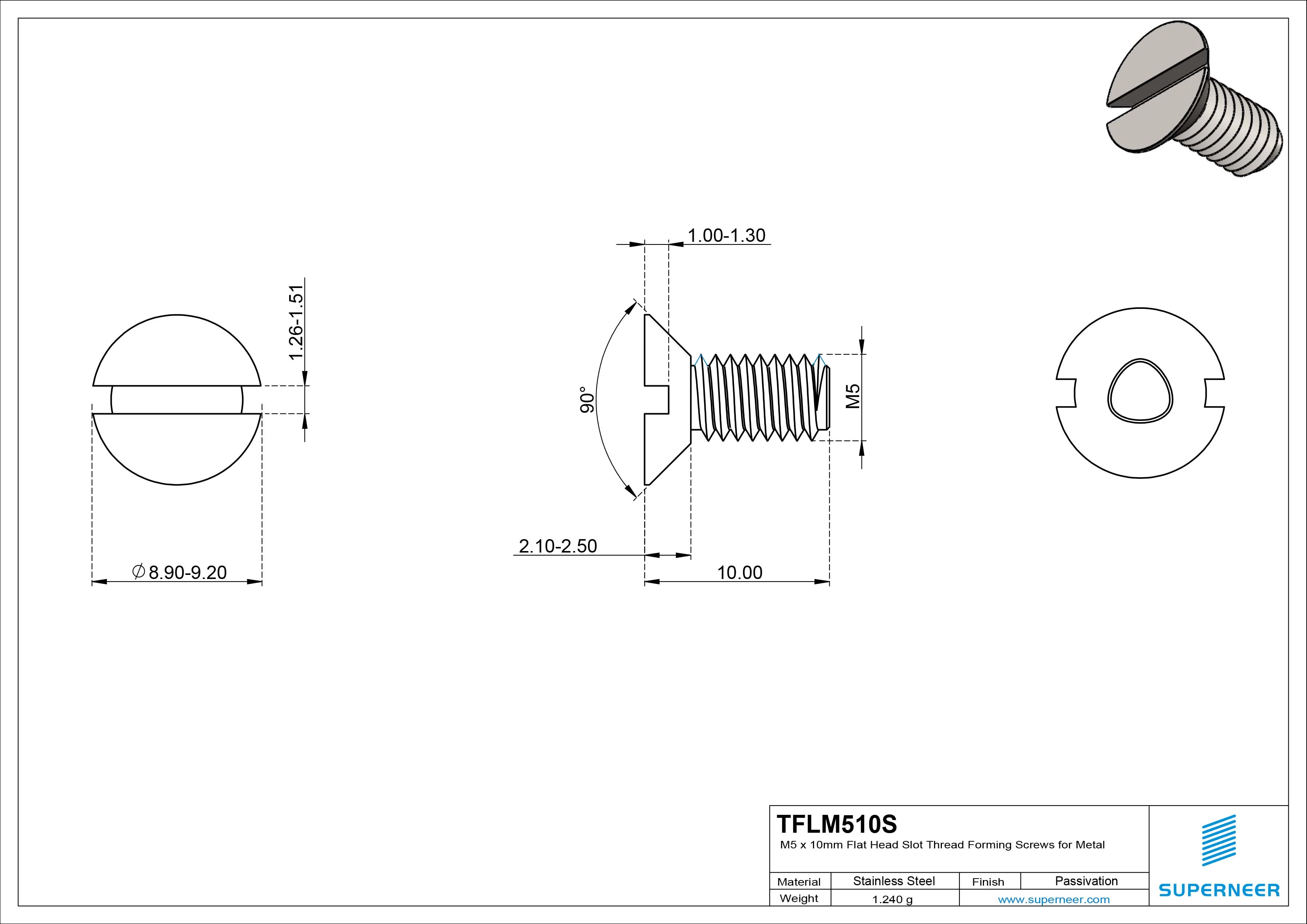 M5 × 10mm Flat Head Slot Thread Forming Screws for Metal SUS304 Stainless Steel Inox