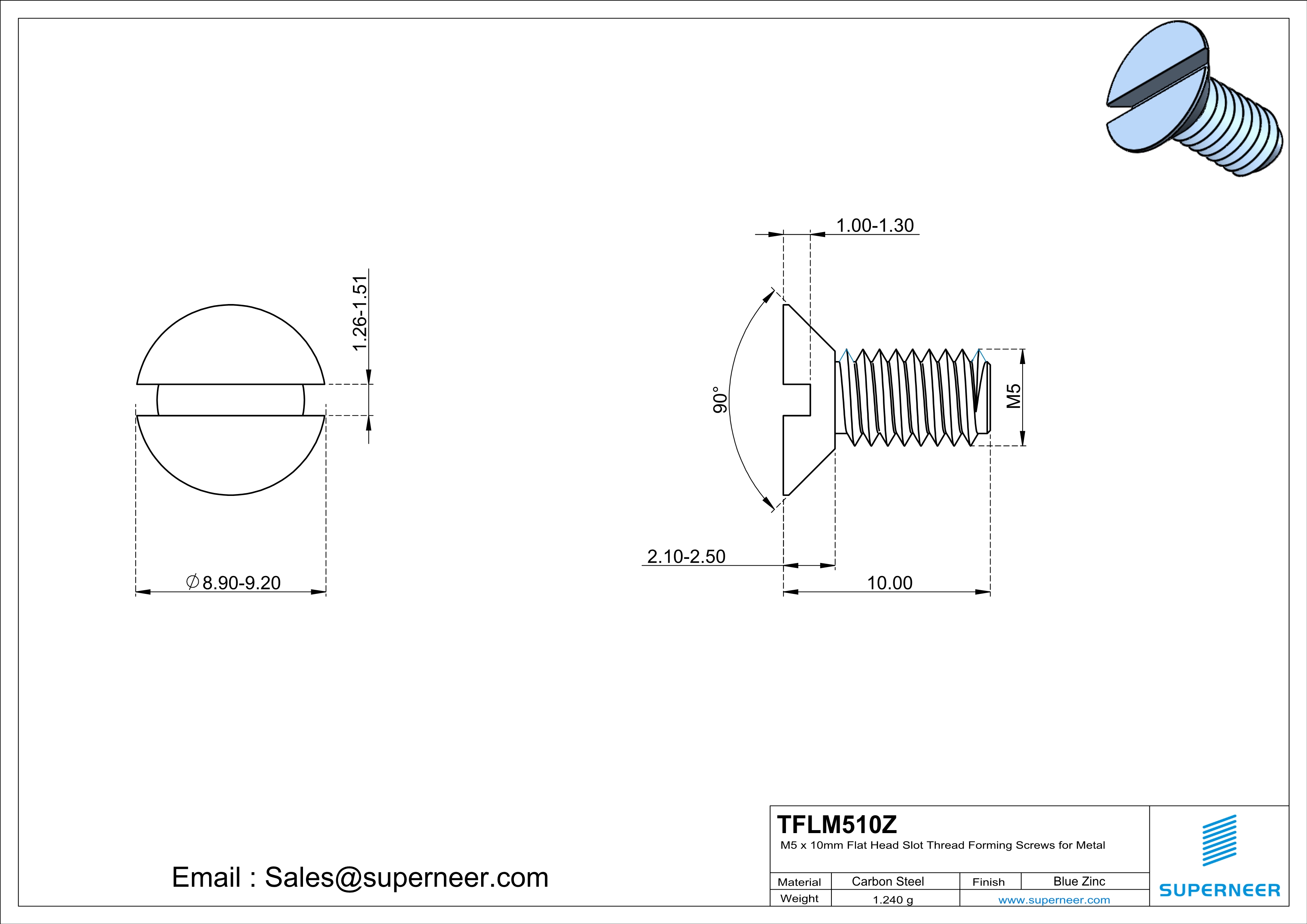 M5 × 10mm Flat Head Slot Thread Forming Screws for Metal Steel Blue Zinc Plated