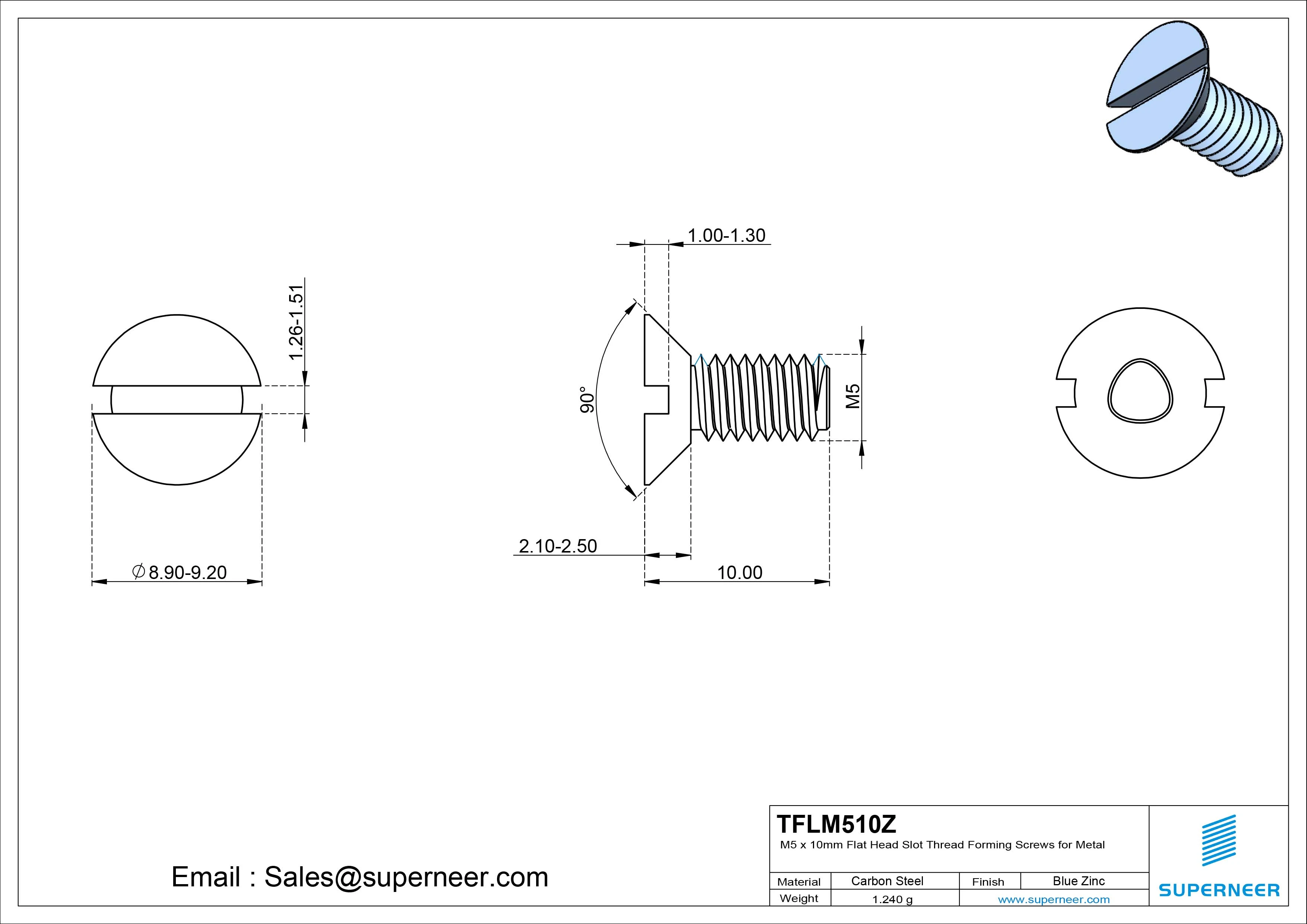 M5 × 10mm Flat Head Slot Thread Forming Screws for Metal Steel Blue Zinc Plated