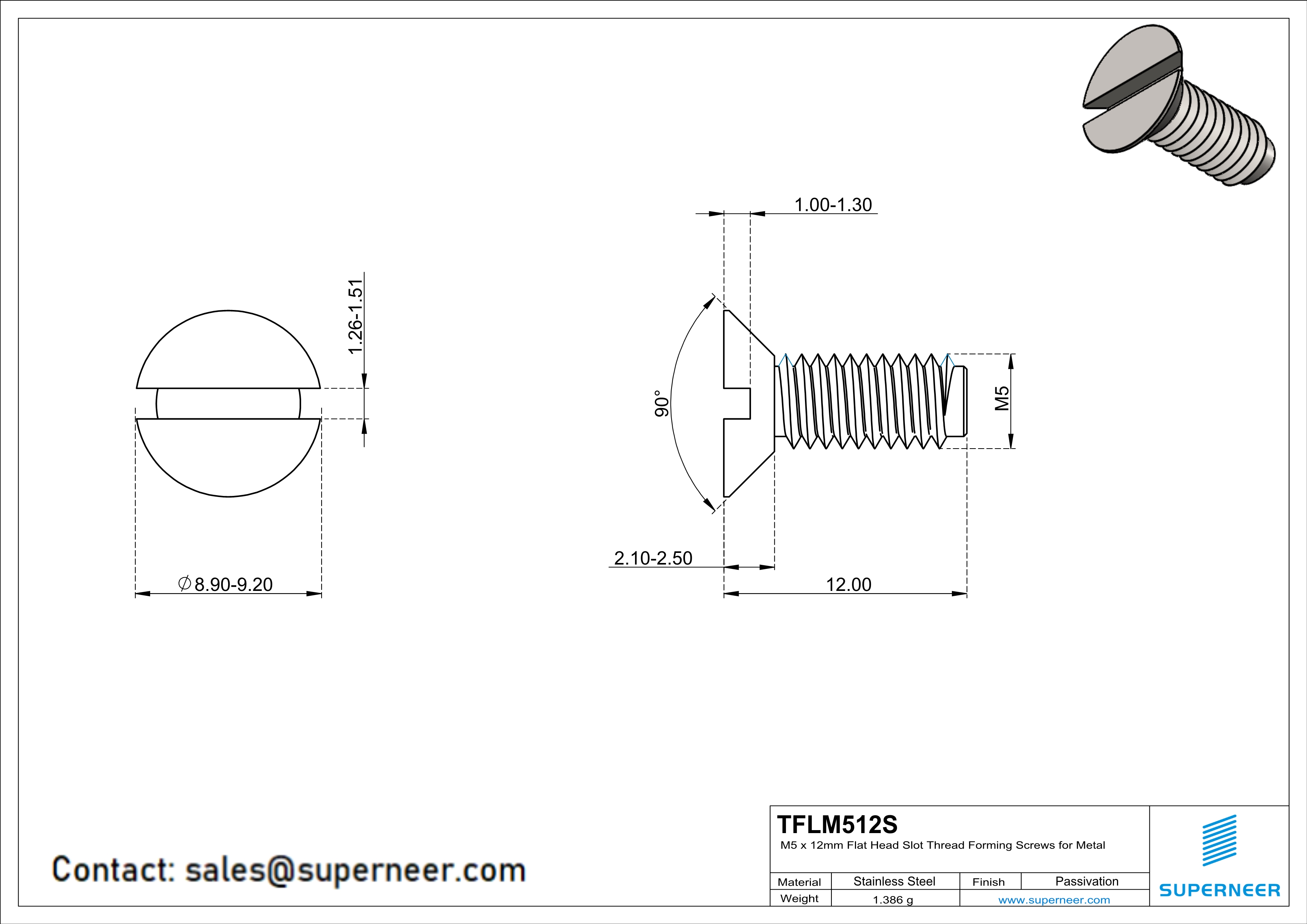 M5 × 12mm Flat Head Slot Thread Forming Screws for Metal SUS304 Stainless Steel Inox