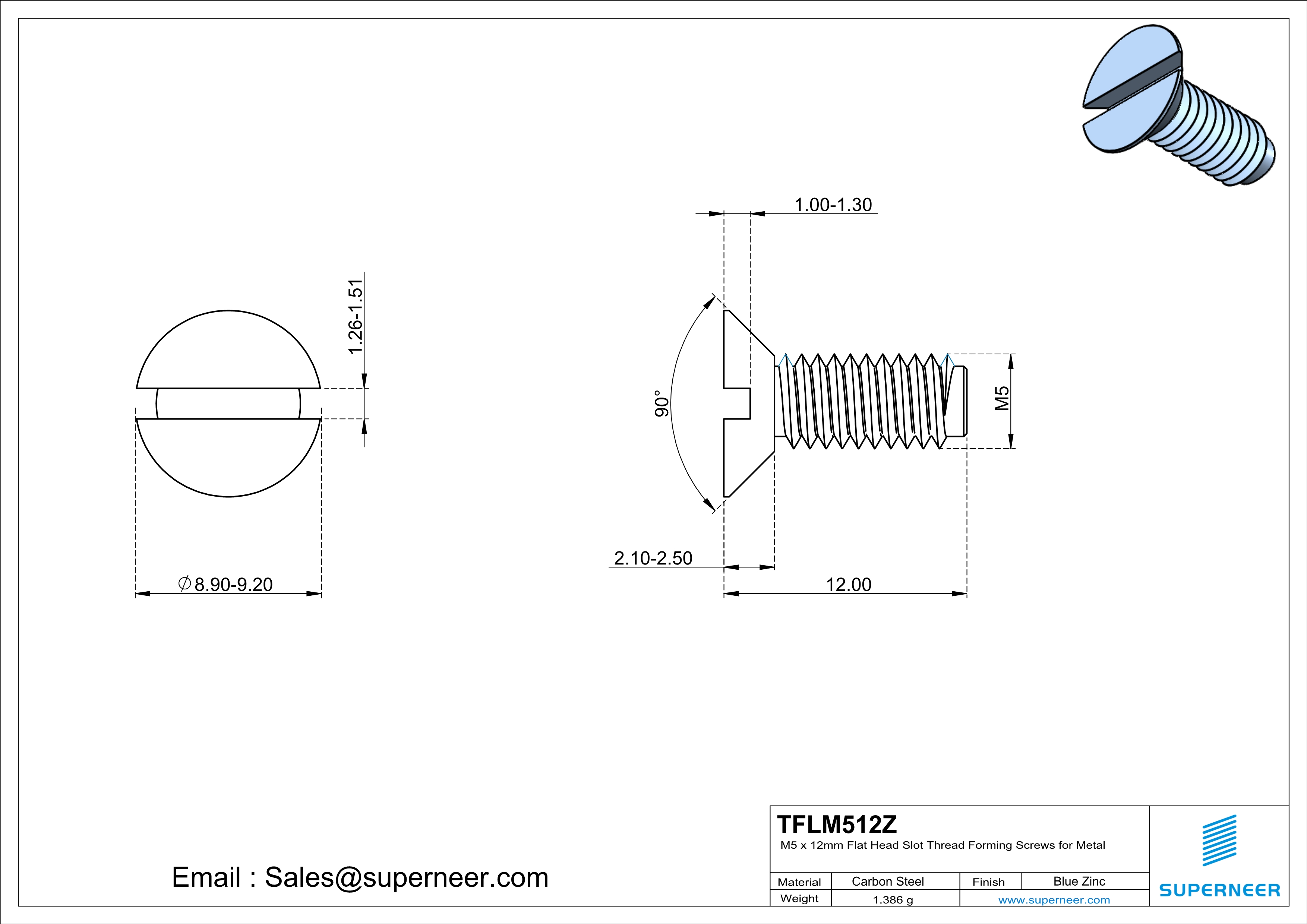 M5 × 12mm Flat Head Slot Thread Forming Screws for Metal Steel Blue Zinc Plated