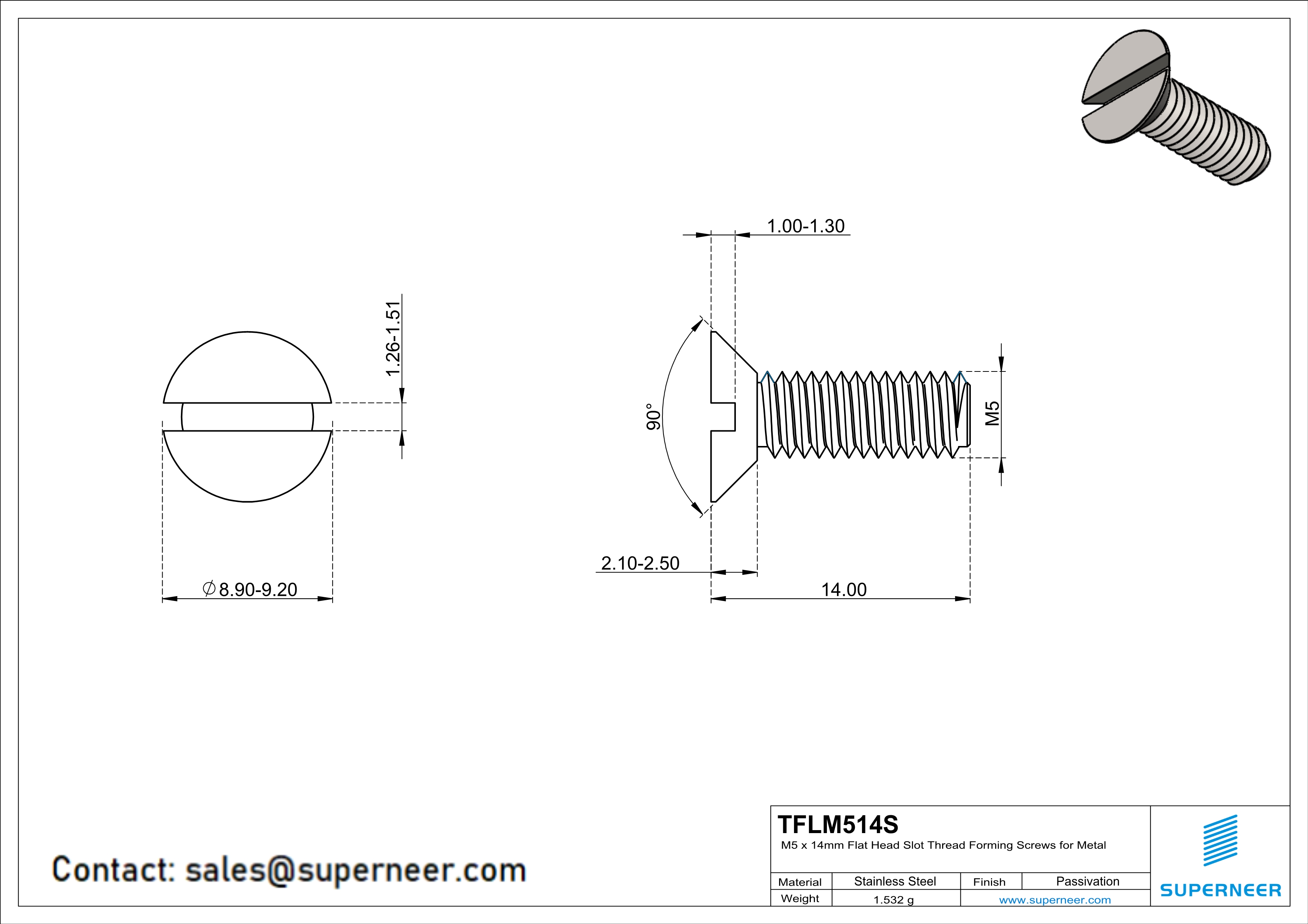 M5 × 14mm Flat Head Slot Thread Forming Screws for Metal SUS304 Stainless Steel Inox