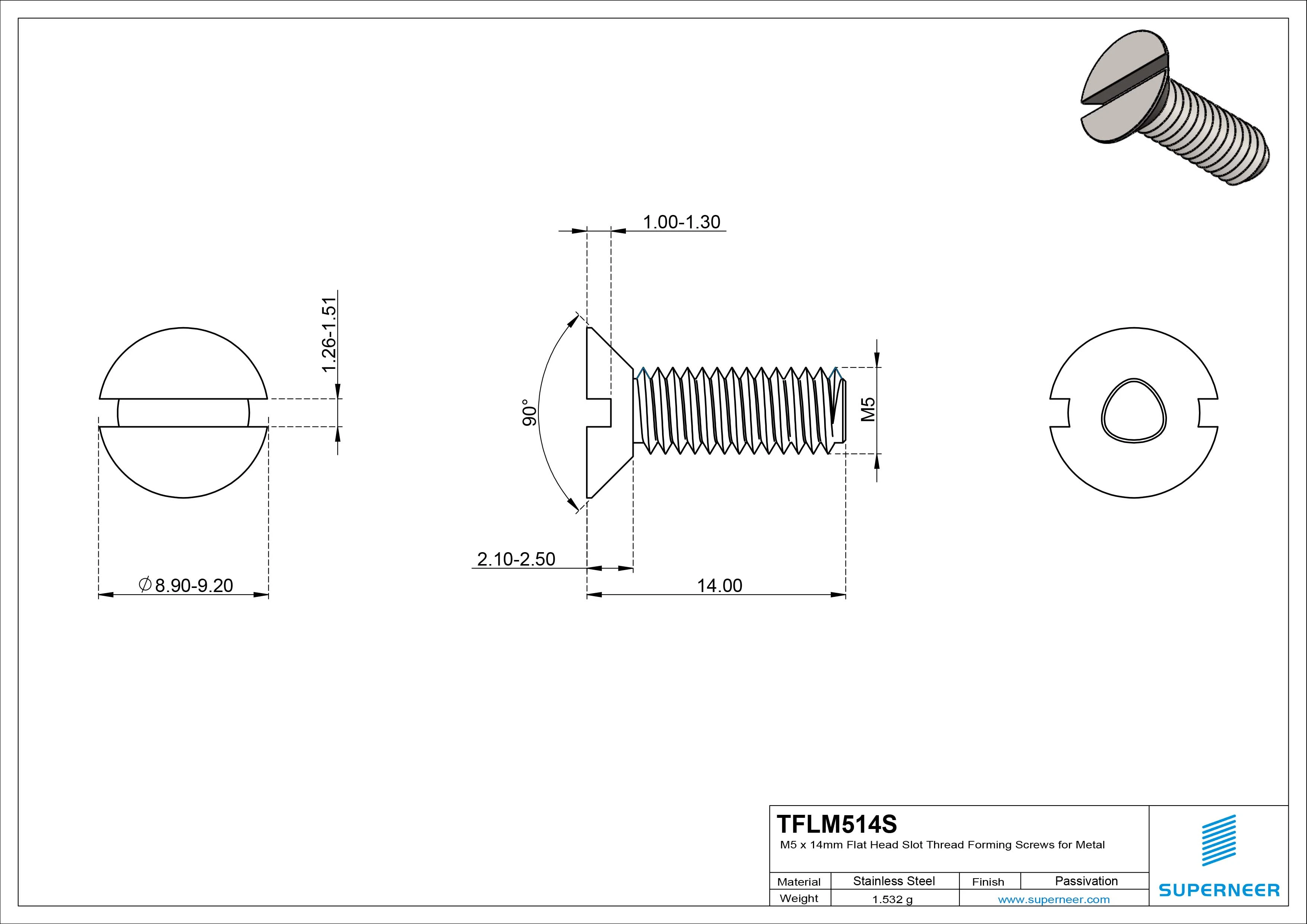 M5 × 14mm Flat Head Slot Thread Forming Screws for Metal SUS304 Stainless Steel Inox