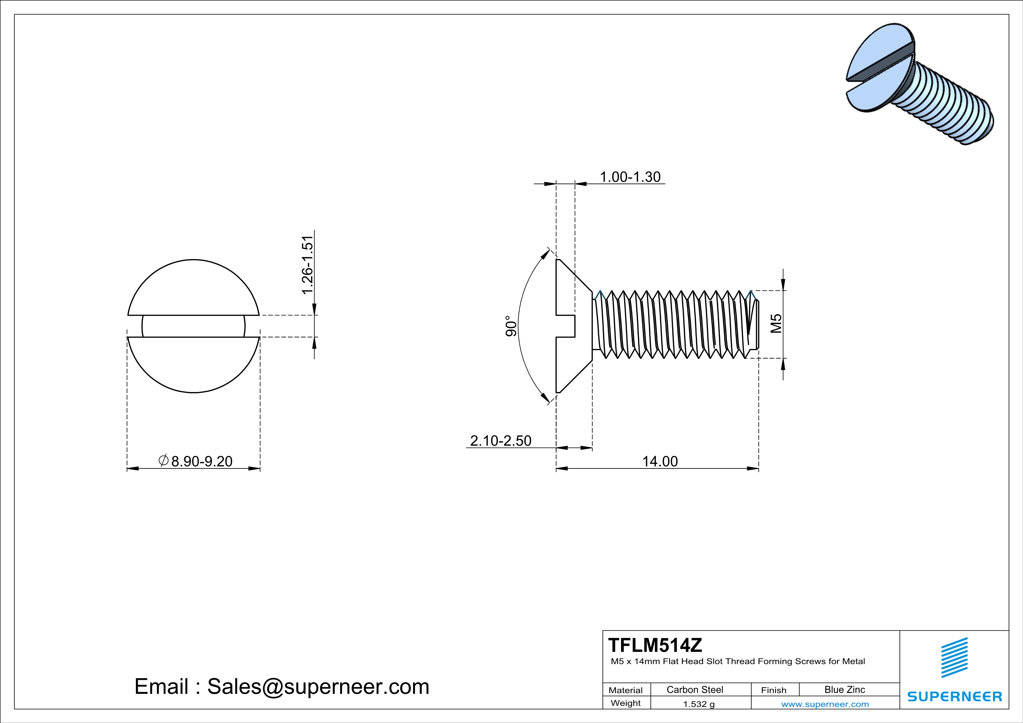 M5 × 14mm Flat Head Slot Thread Forming Screws for Metal Steel Blue Zinc Plated