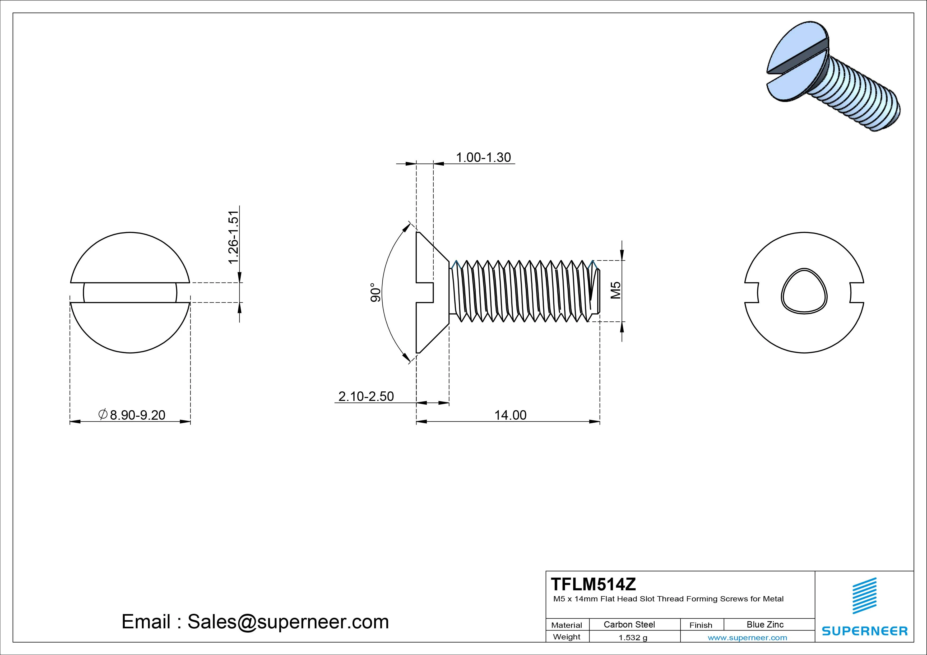 M5 × 14mm Flat Head Slot Thread Forming Screws for Metal Steel Blue Zinc Plated