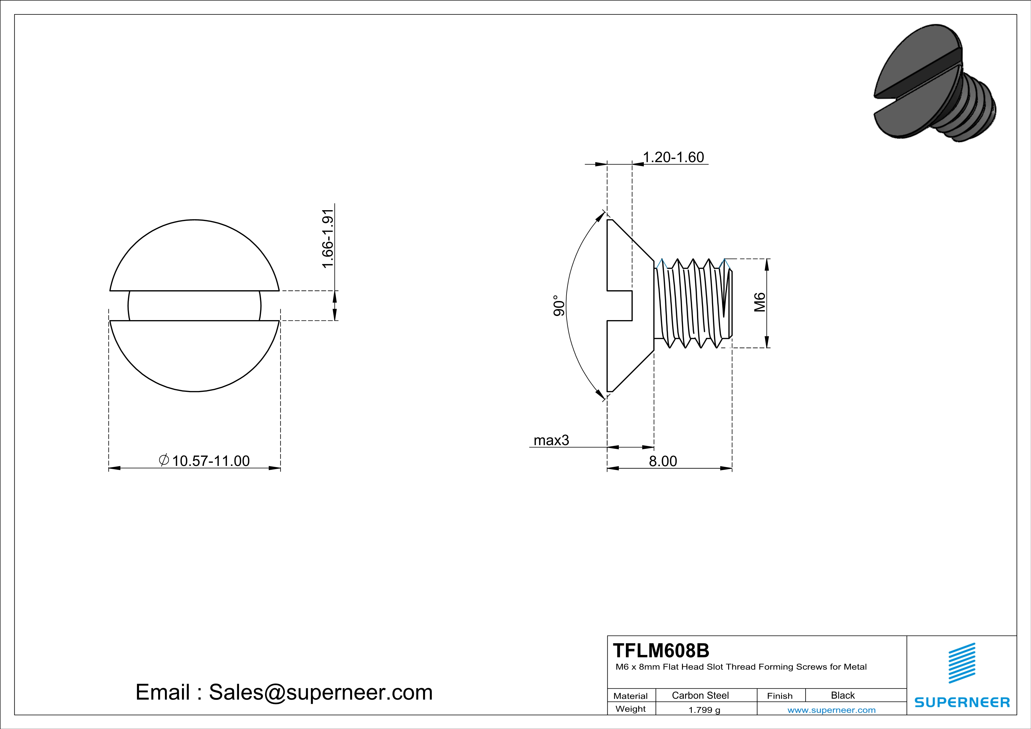 M6 × 8mm Flat Head Slot Thread Forming Screws for Metal Steel Black