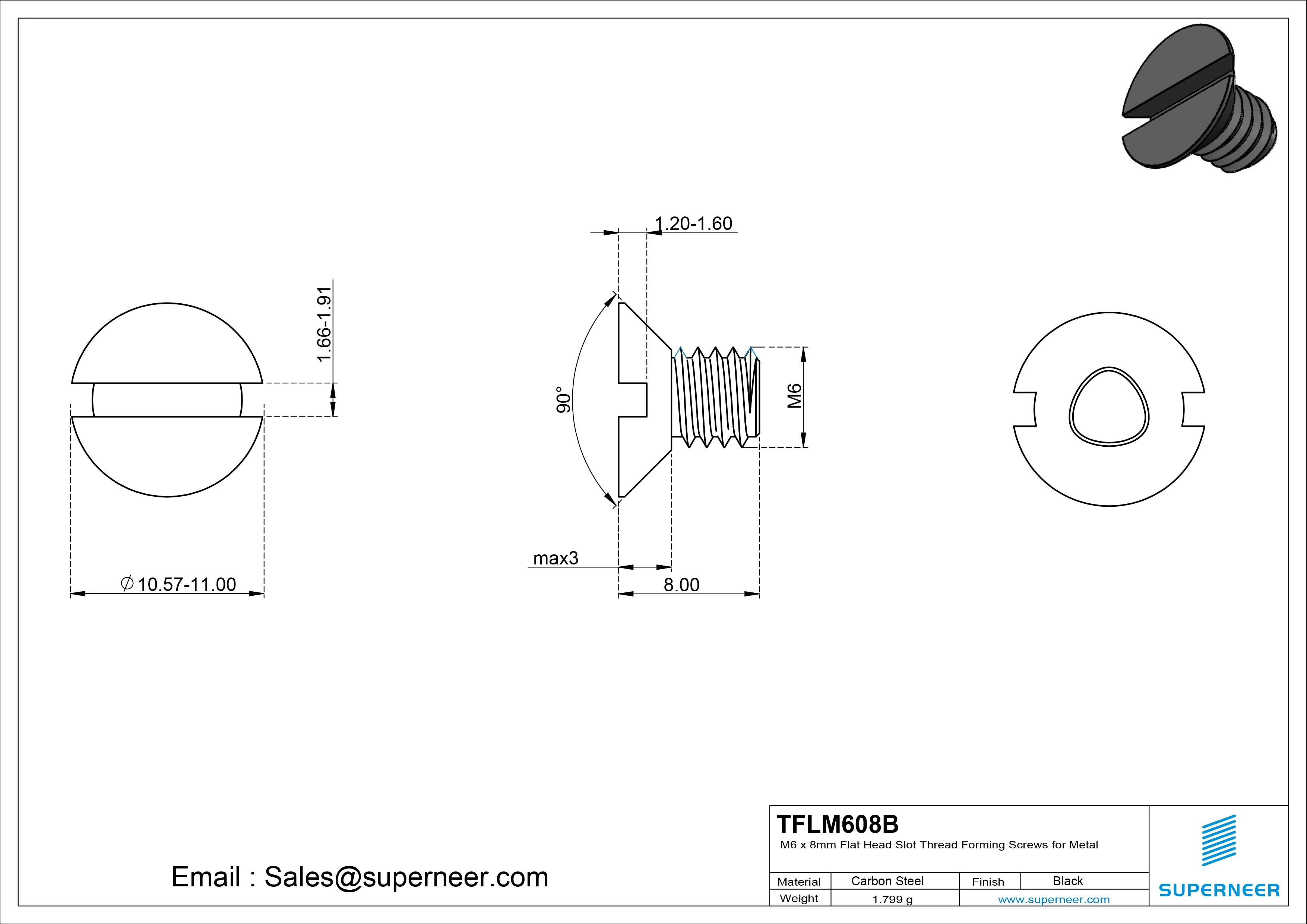 M6 × 8mm Flat Head Slot Thread Forming Screws for Metal Steel Black