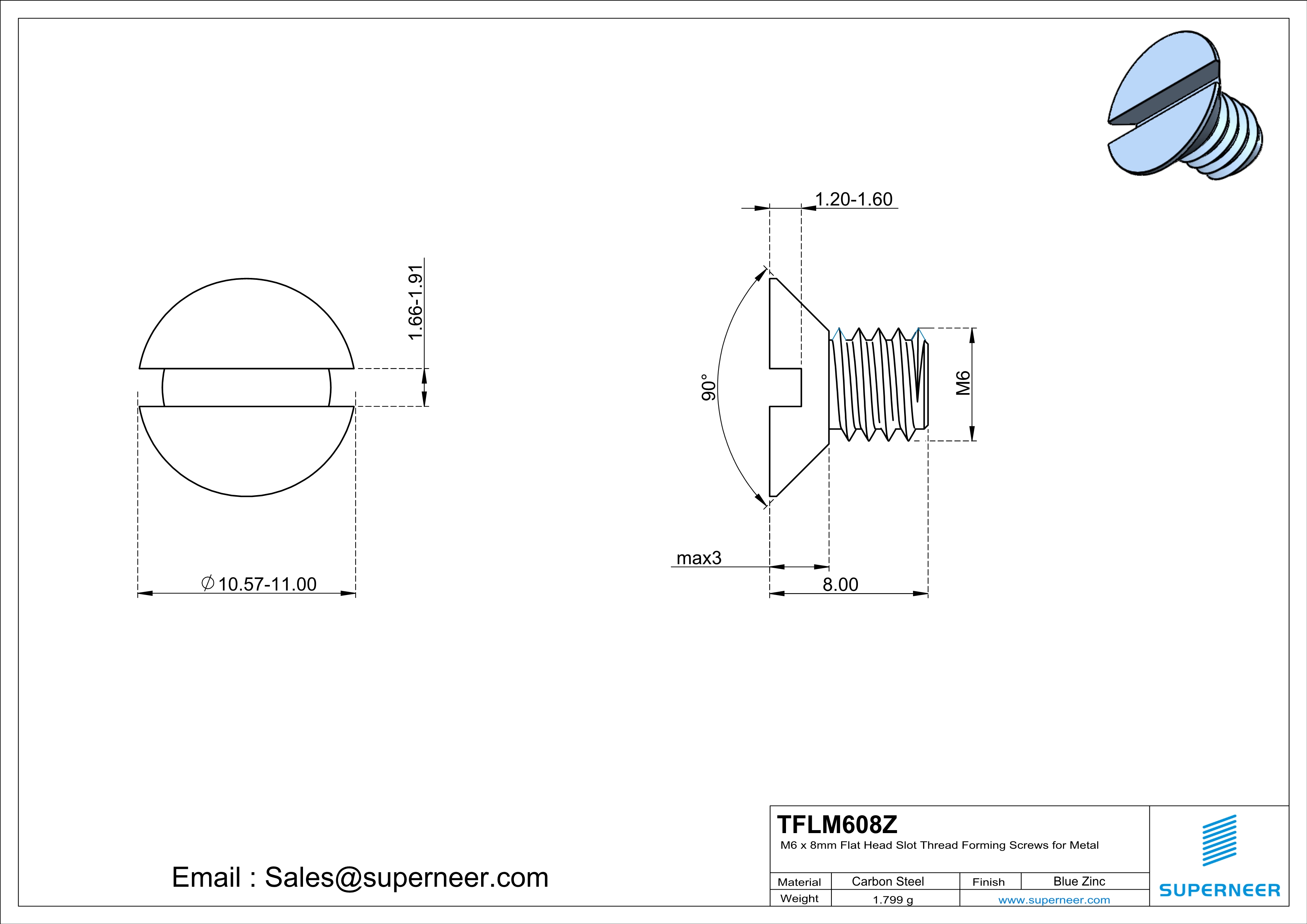 M6 × 8mm Flat Head Slot Thread Forming Screws for Metal Steel Blue Zinc Plated