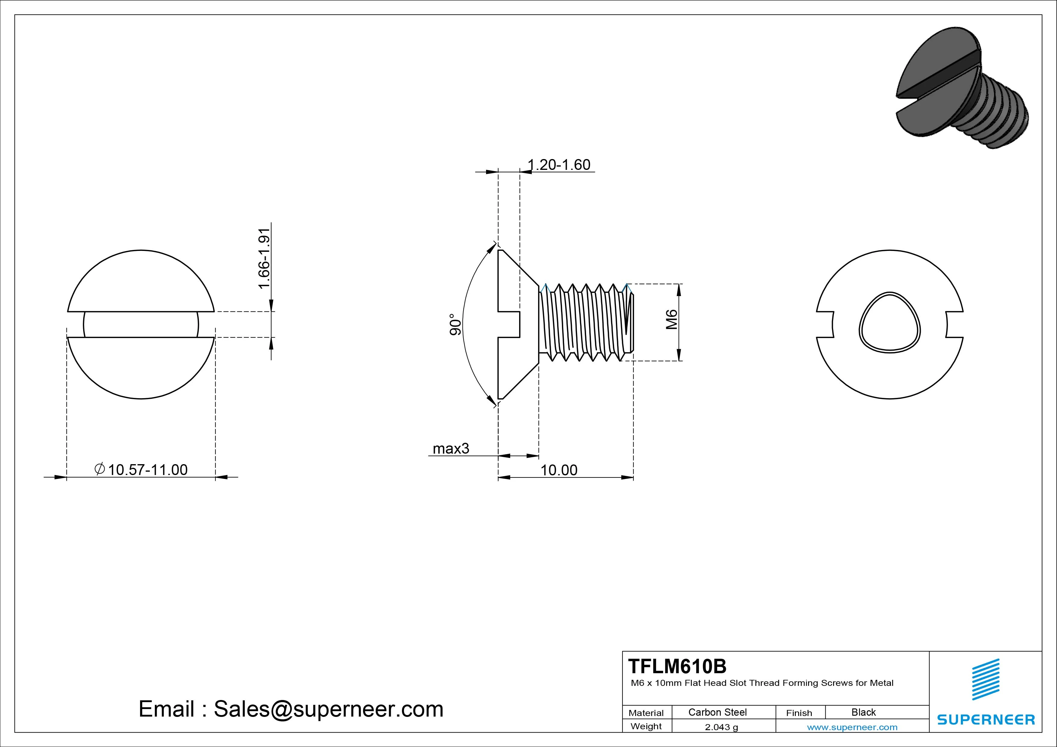 M6 × 10mm Flat Head Slot Thread Forming Screws for Metal Steel Black