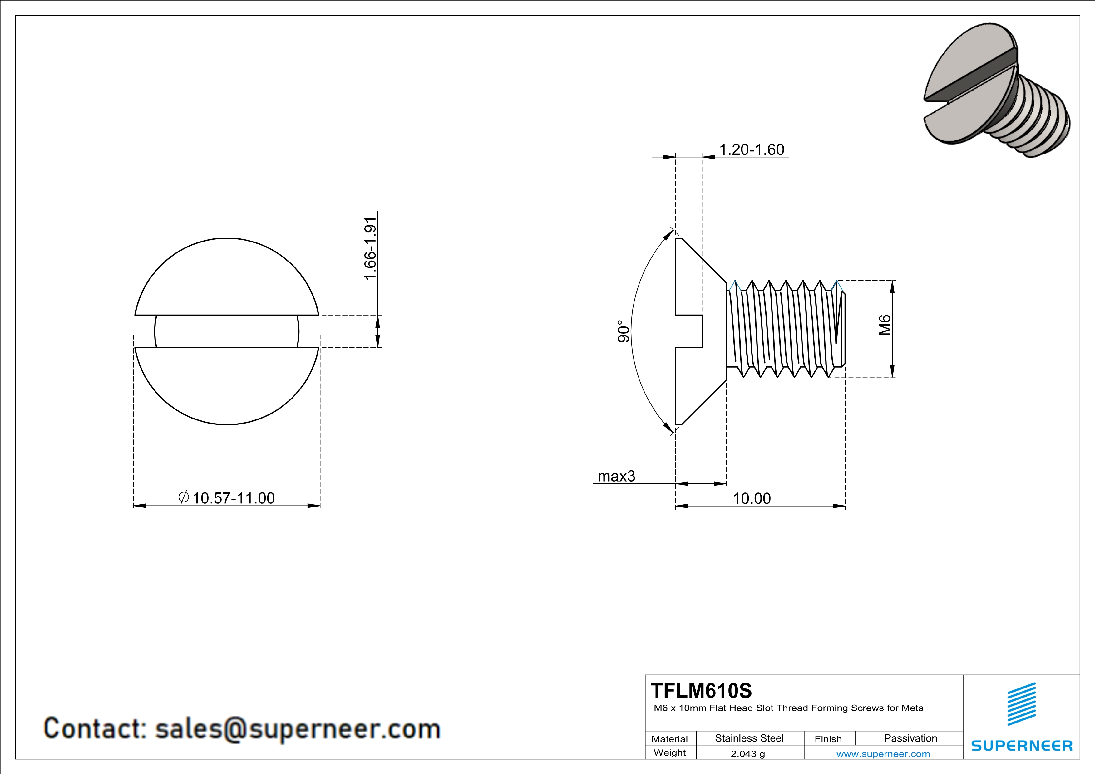M6 × 10mm Flat Head Slot Thread Forming Screws for Metal SUS304 Stainless Steel Inox