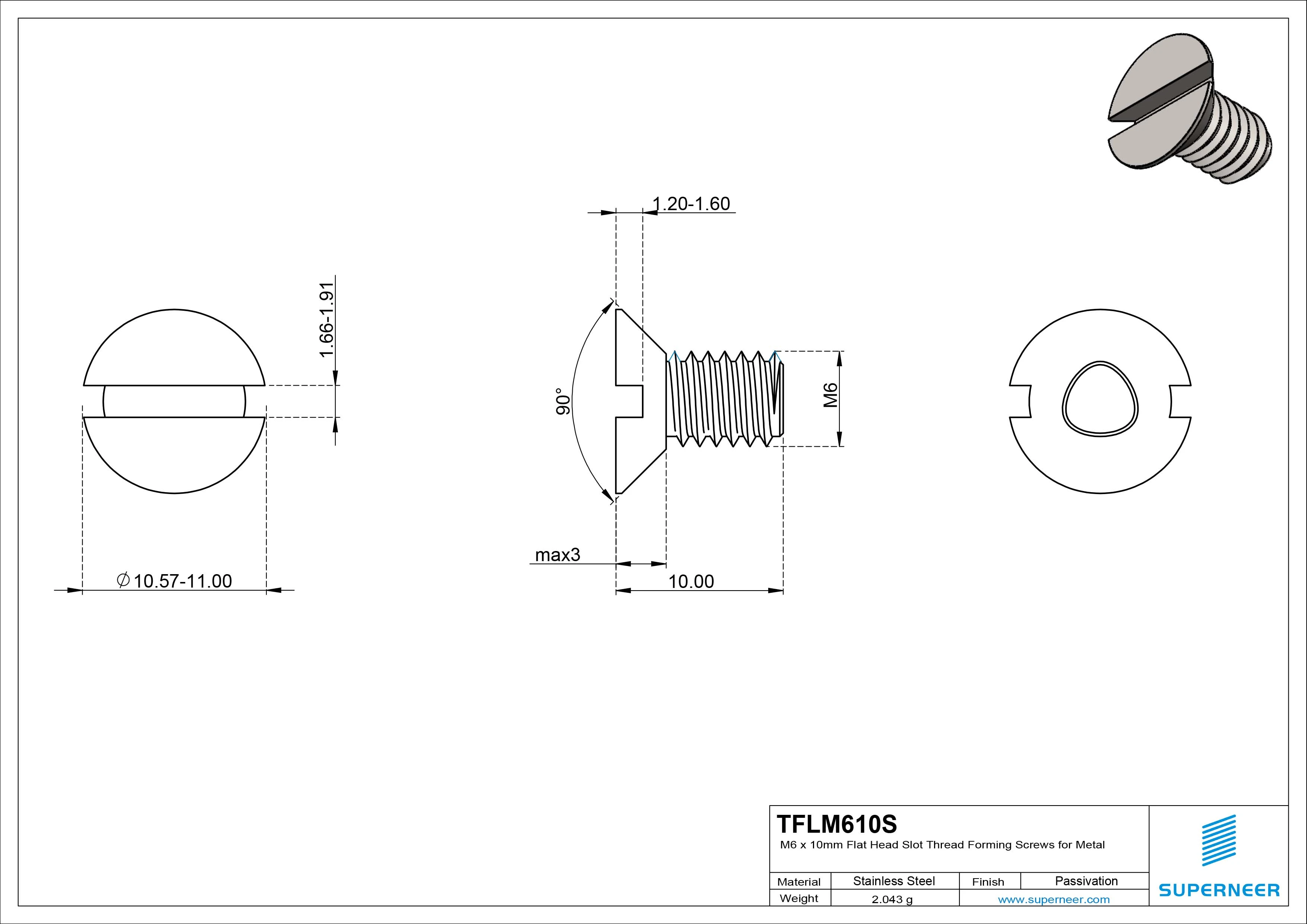 M6 × 10mm Flat Head Slot Thread Forming Screws for Metal SUS304 Stainless Steel Inox