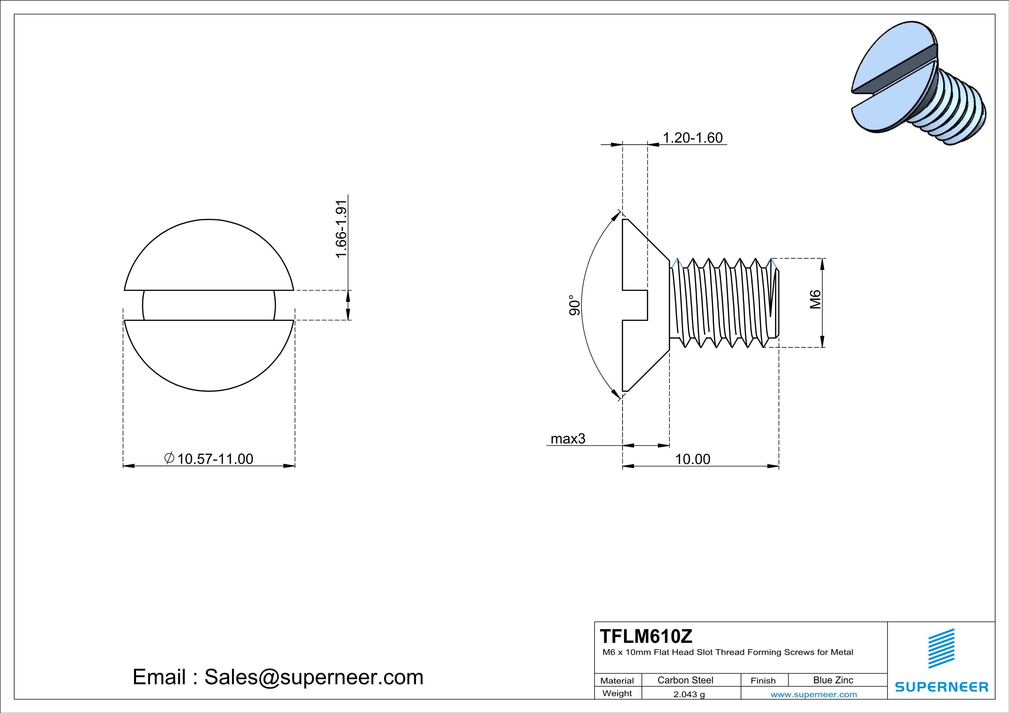 M6 × 10mm Flat Head Slot Thread Forming Screws for Metal Steel Blue Zinc Plated