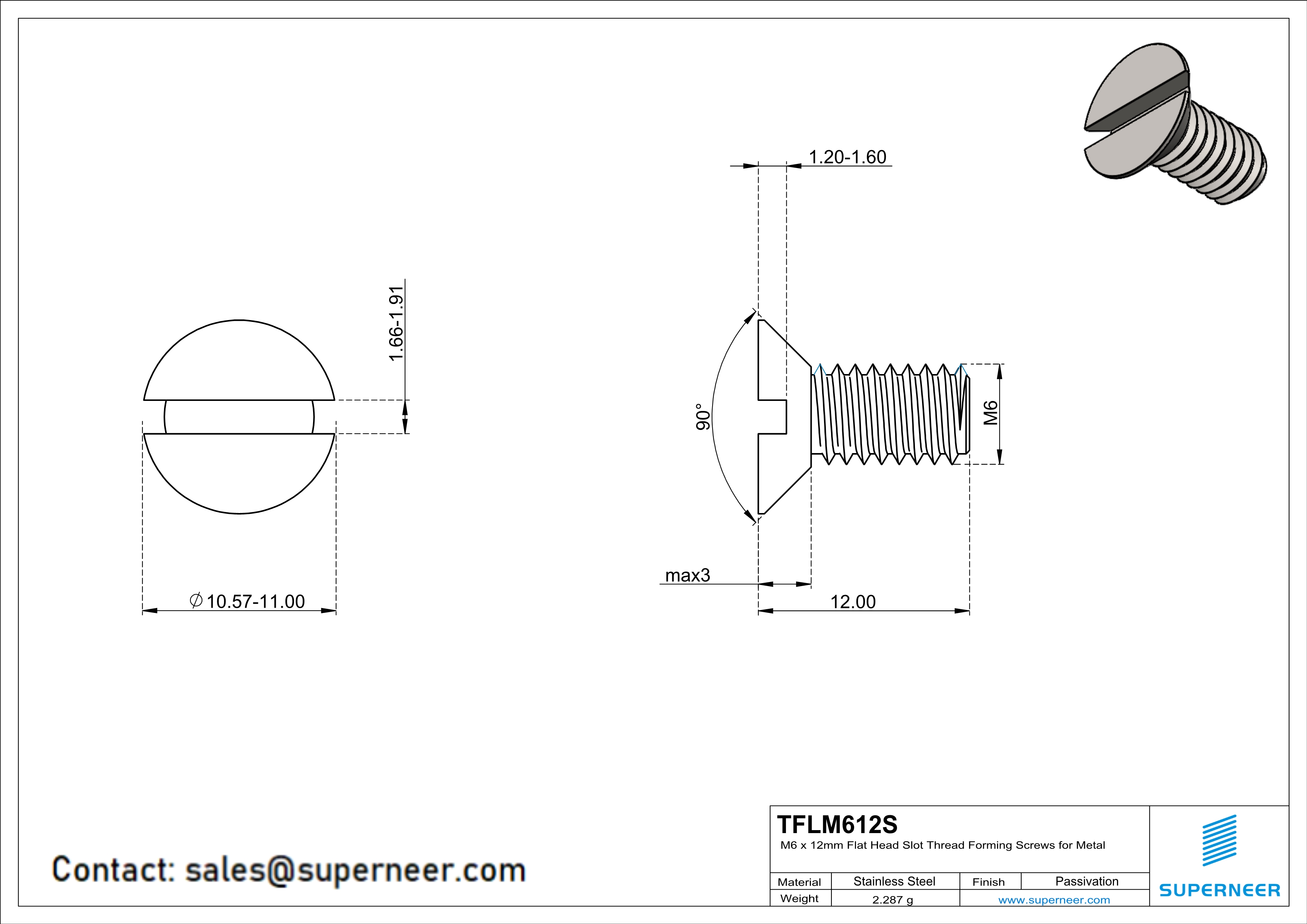 M6 × 12mm Flat Head Slot Thread Forming Screws for Metal SUS304 Stainless Steel Inox